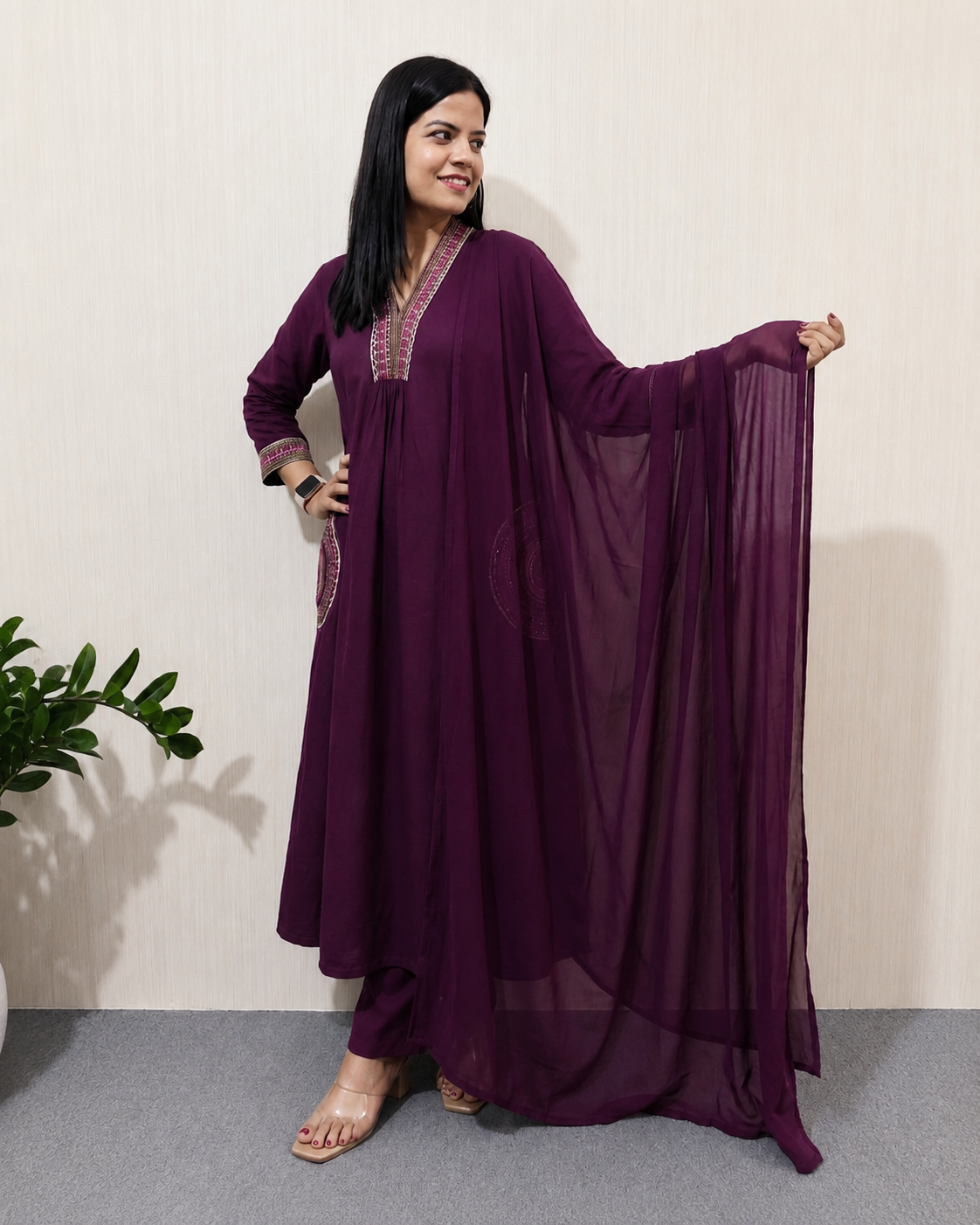 MUMZHUG Pure Cotton Wine Embroidered Feeding & Maternity Kurta Pant with Chiffon Dupatta Set | Nursing Wear for Moms | Rakhi Collection | Dispatch Starts from 7th August