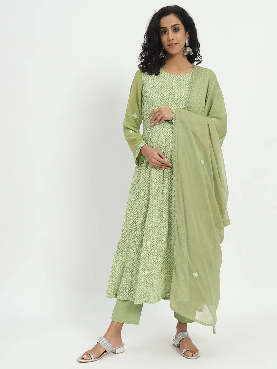 GEORGETTE CHIKANKARI ANARKALI SET WITH PANT AND DUPATTA FOR FEEDING AND MATERNITY PURPOSE mumzhug