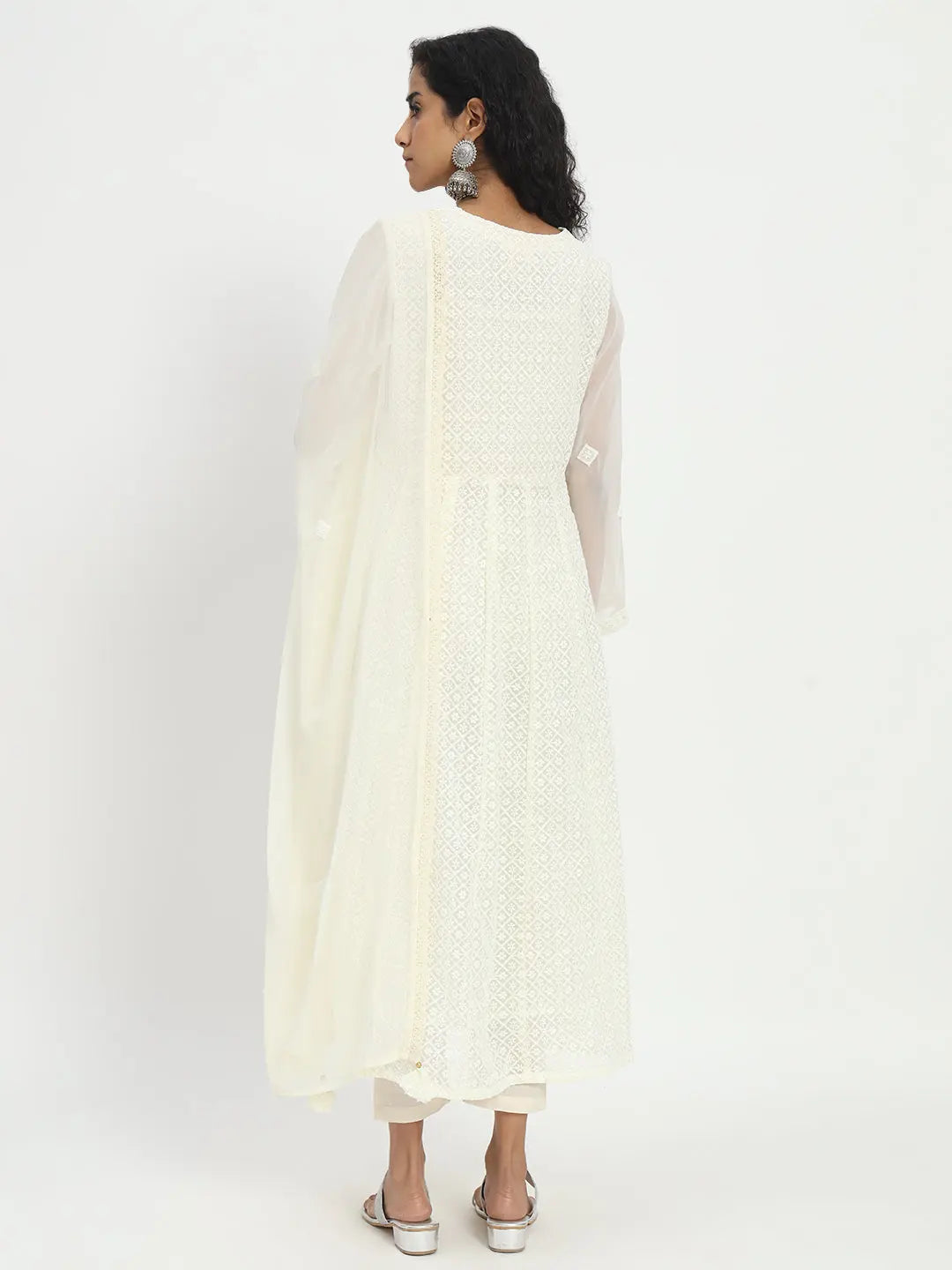 Cream colored Chikankari embroided georgette anakali set with cotton pant and chiffon dupatta - mumzhug