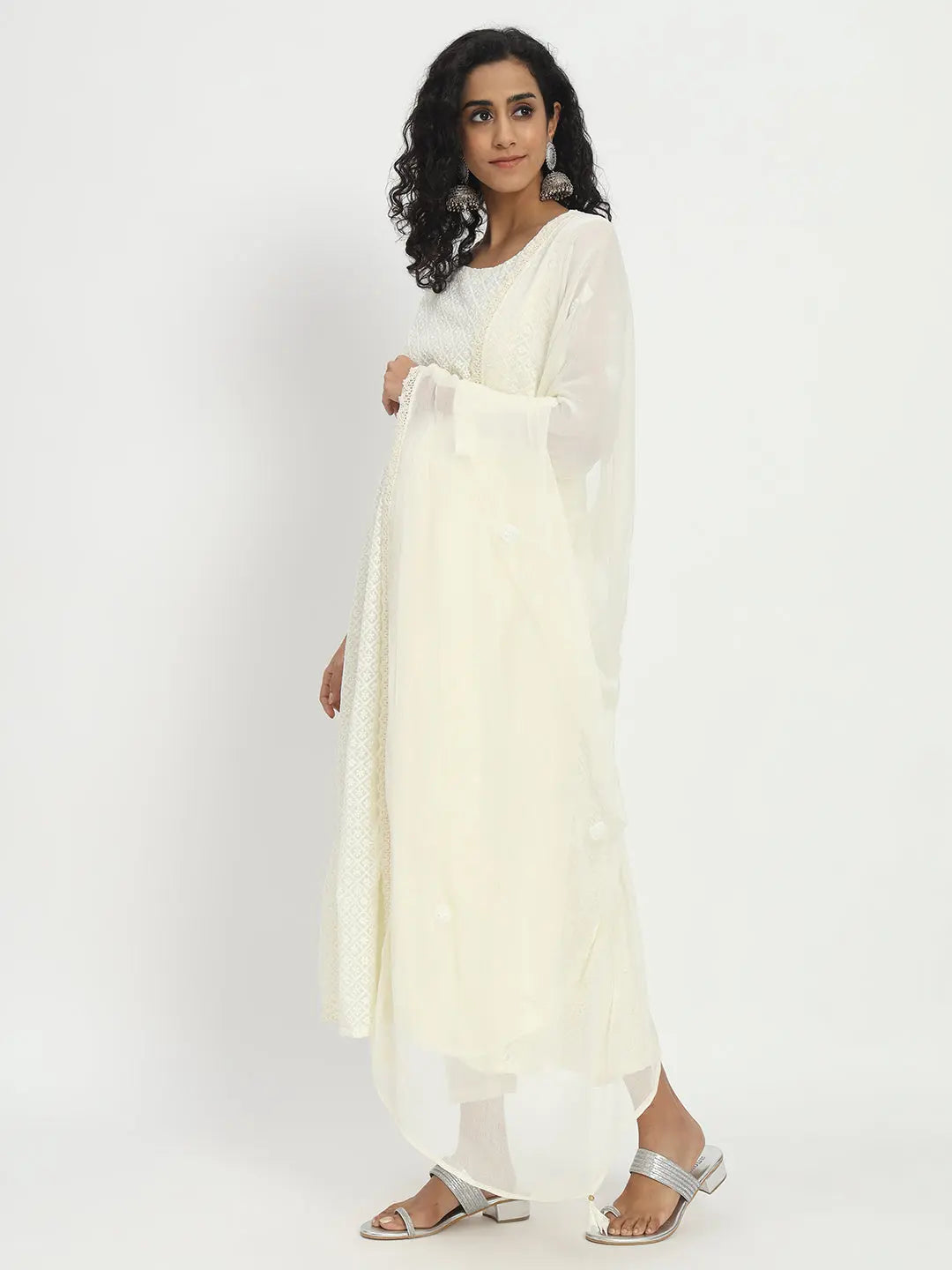 Cream colored Chikankari embroided georgette anakali set with cotton pant and chiffon dupatta - mumzhug