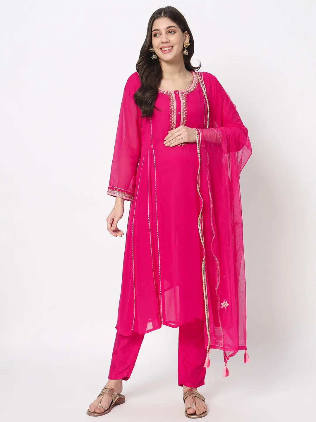 MUMZHUG Georgette Flaired Anarkali Kurta With Cotton Pant And Schiffon Dupatta For Maternity And Feeding Purpose mumzhug