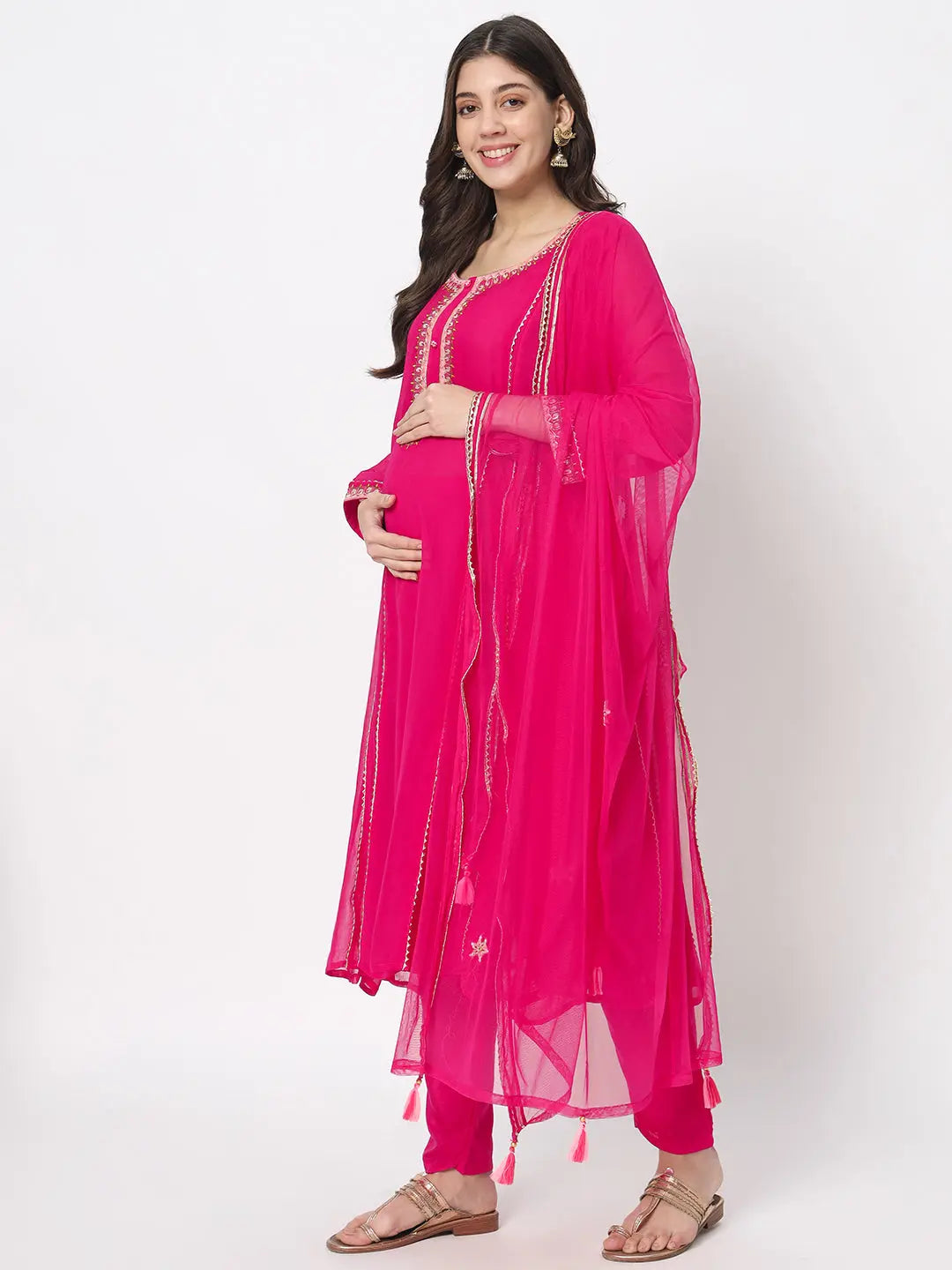 MUMZHUG Georgette Flaired Anarkali Kurta With Cotton Pant And Schiffon Dupatta For Maternity And Feeding Purpose mumzhug