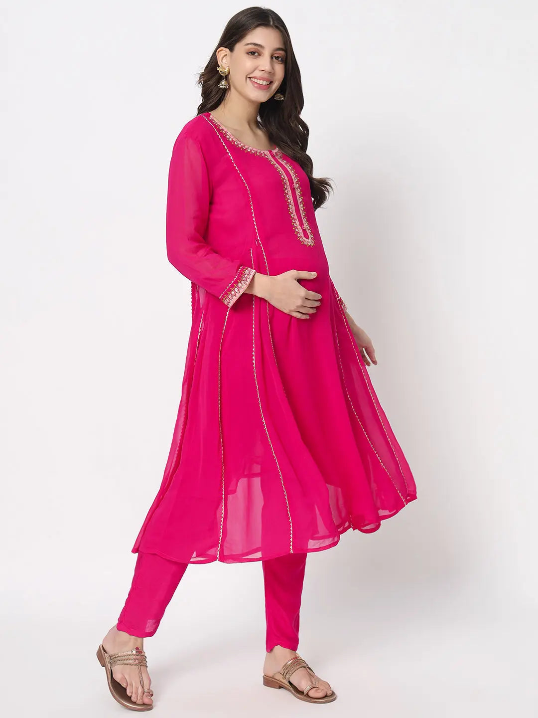 MUMZHUG Georgette Flaired Anarkali Kurta With Cotton Pant And Schiffon Dupatta For Maternity And Feeding Purpose mumzhug