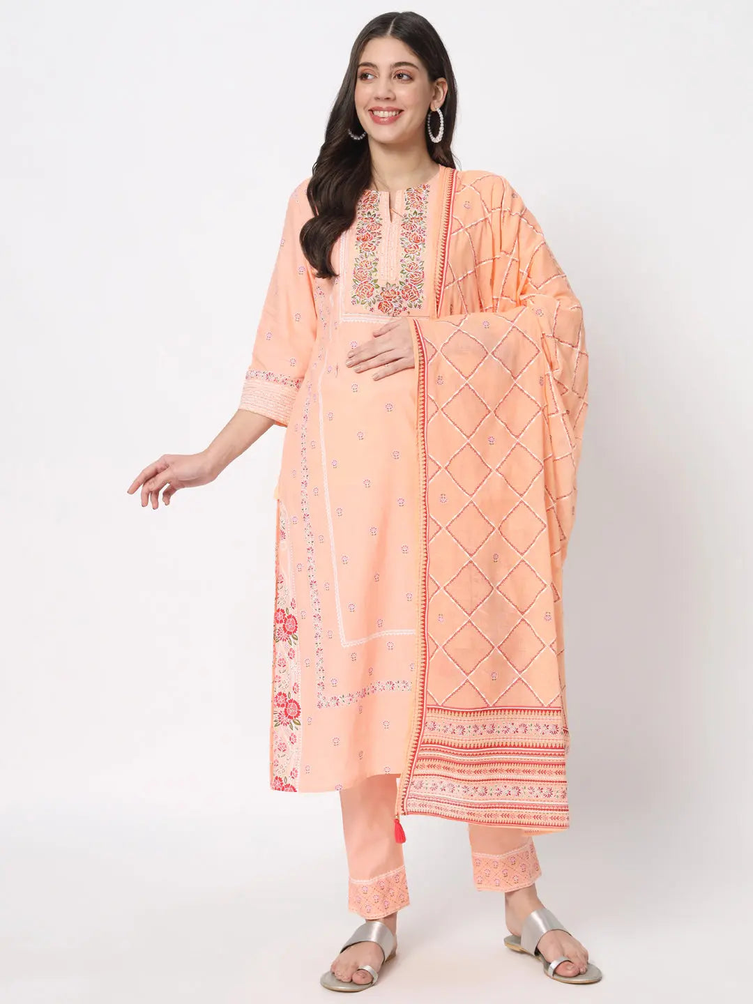 MUMZ-2408_PEACH COLORED COTTON EMBROIDED KURTA PANT AND DUPATTA SET WITH LINING FOR FEEDING AND MATERNITY PURPOSE mumzhug