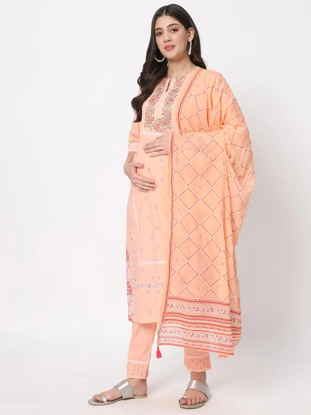 MUMZ-2408_PEACH COLORED COTTON EMBROIDED KURTA PANT AND DUPATTA SET WITH LINING FOR FEEDING AND MATERNITY PURPOSE mumzhug