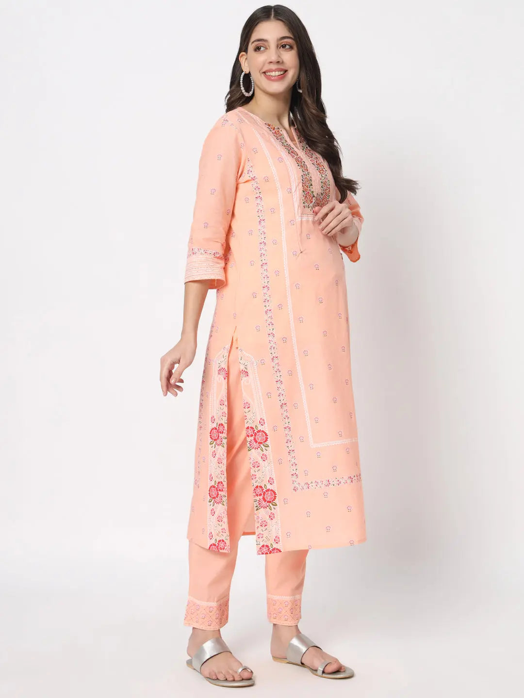 MUMZ-2408_PEACH COLORED COTTON EMBROIDED KURTA PANT AND DUPATTA SET WITH LINING FOR FEEDING AND MATERNITY PURPOSE mumzhug