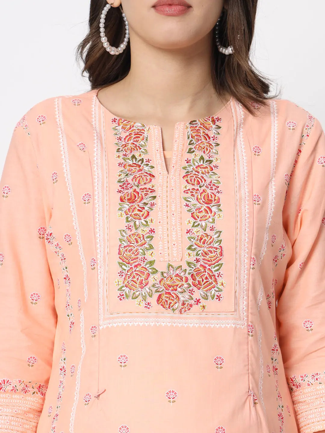 MUMZ-2408_PEACH COLORED COTTON EMBROIDED KURTA PANT AND DUPATTA SET WITH LINING FOR FEEDING AND MATERNITY PURPOSE mumzhug