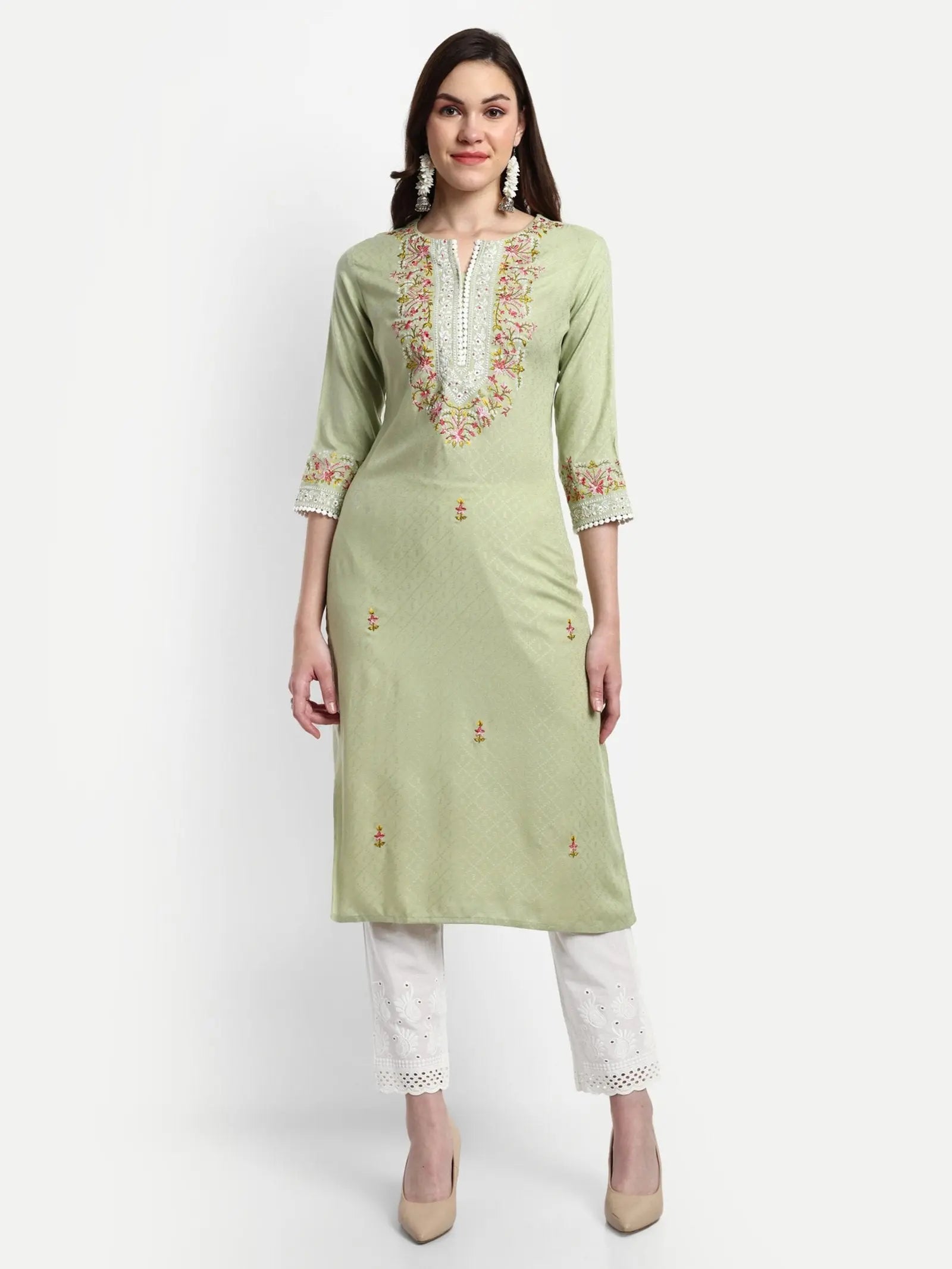 PISTA COLORED SOFT RAYON EMBROIDED KURTA WITH SCHIFFLI PANT mumzhug