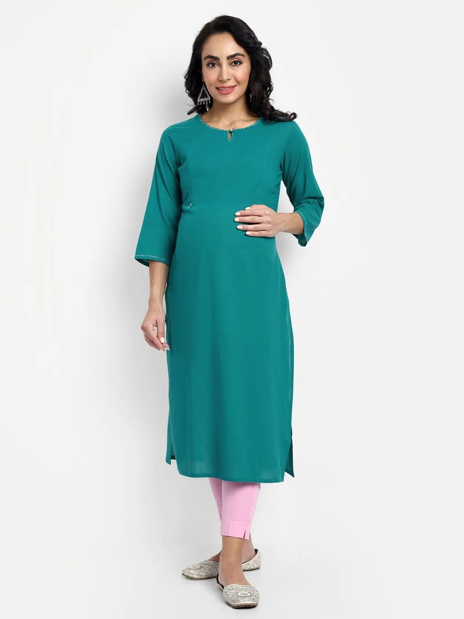 TEAL COLOUR COTTON  STRAIGHT KURTA FEEDING OR NURSING KURTA WITH EMBROIDERY mumzhug