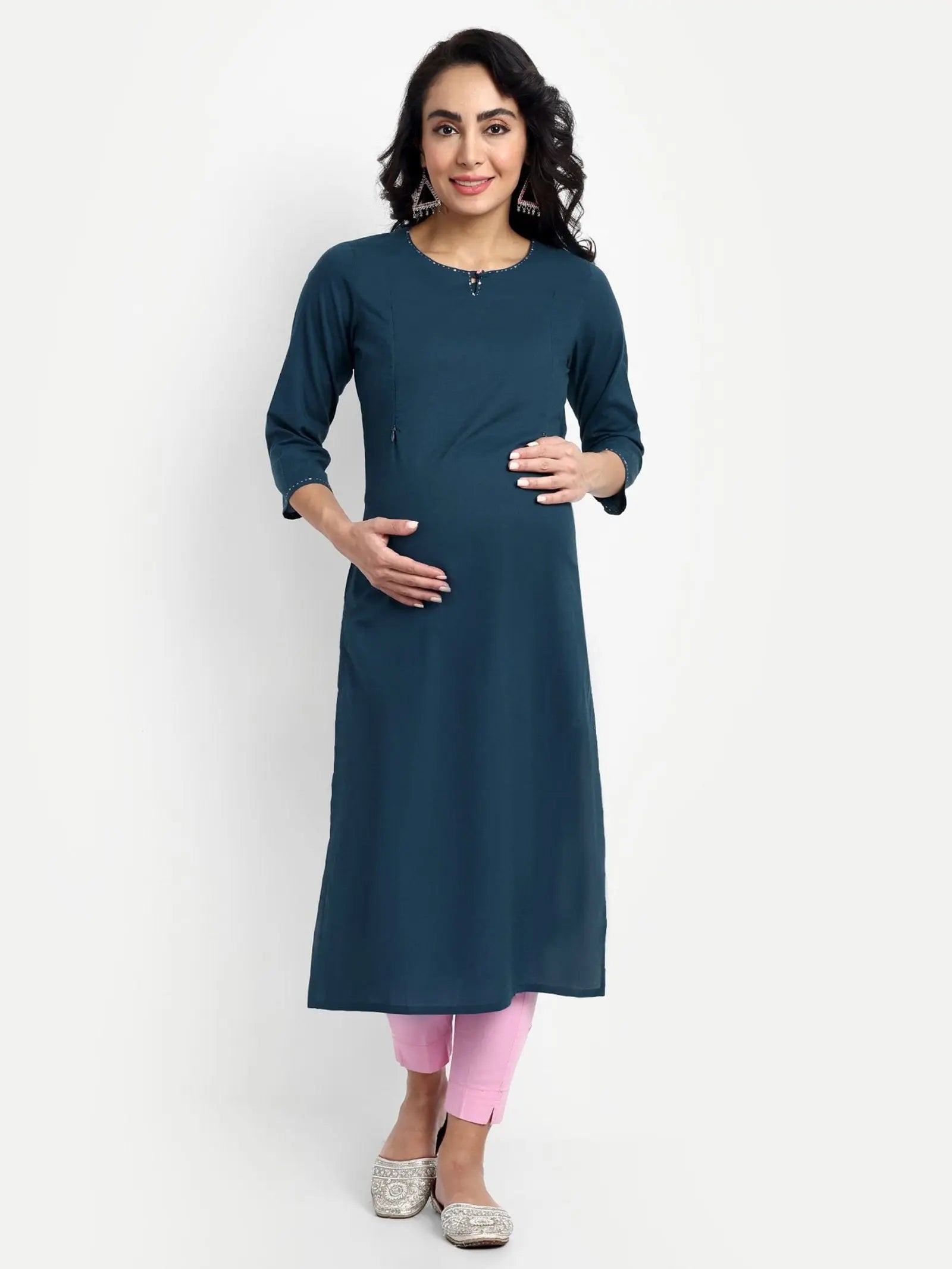 NAVY BLUE COLOUR COTTON  STRAIGHT KURTA FEEDING OR NURSING KURTA WITH EMBROIDERY mumzhug