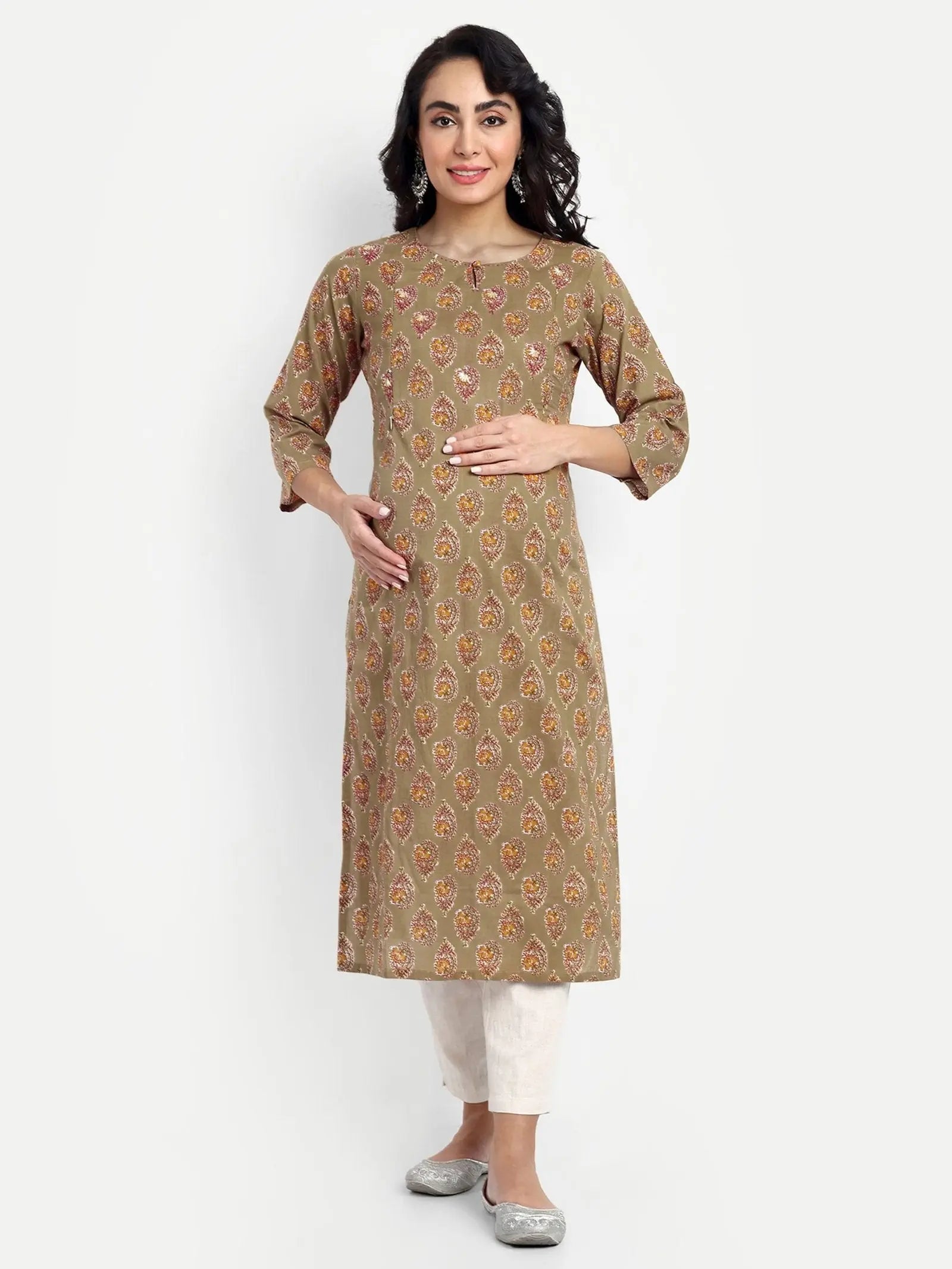 OLIVE GREEN COLOUR COTTON LUREX STRAIGHT KURTA FEEDING OR NURSING KURTA WITH EMBROIDERY mumzhug