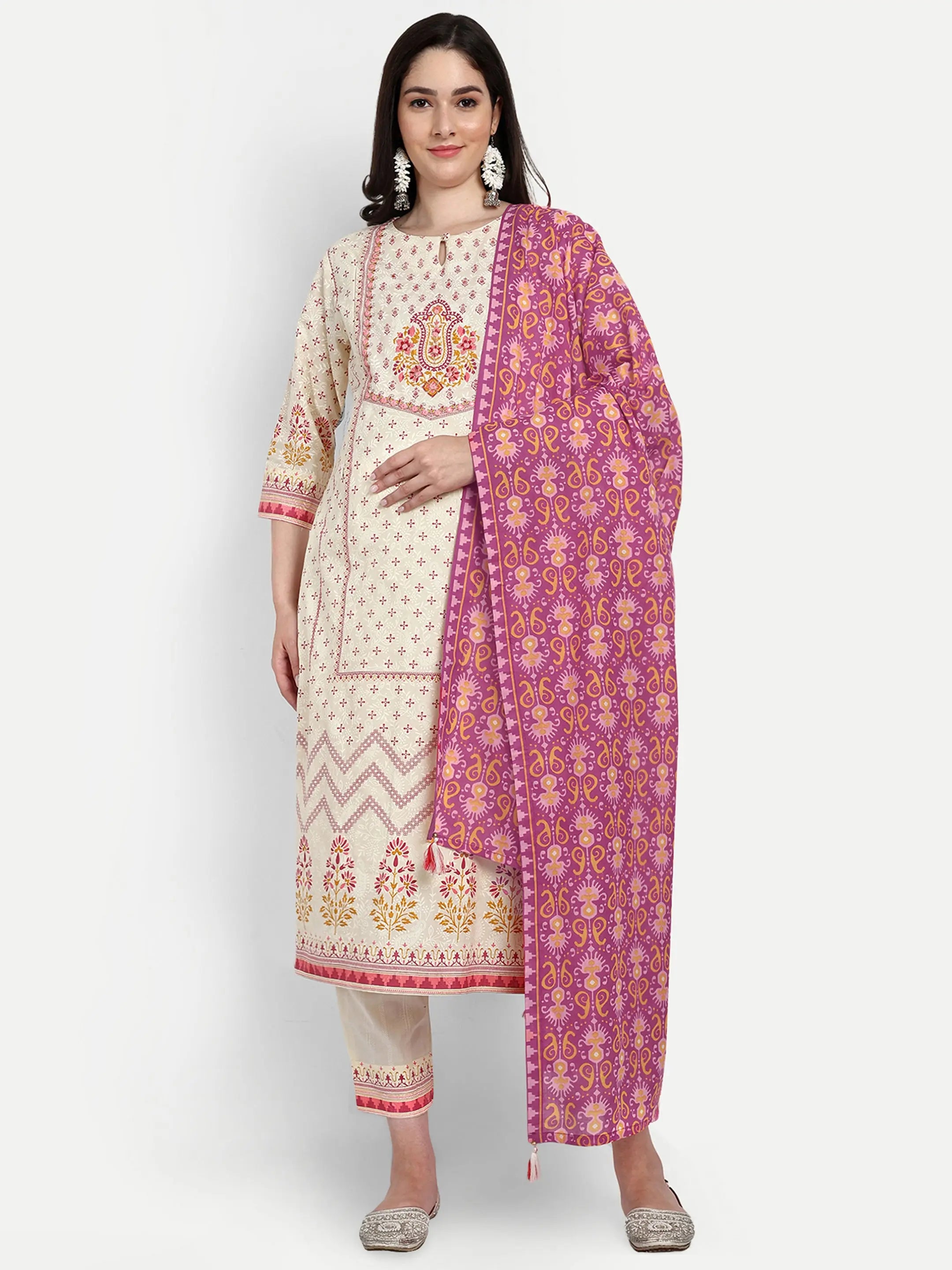 Mumzhug cotton Panel print embroidered kurta with attached lining, pant and dupatta for maternity and feeding purpose mumzhug