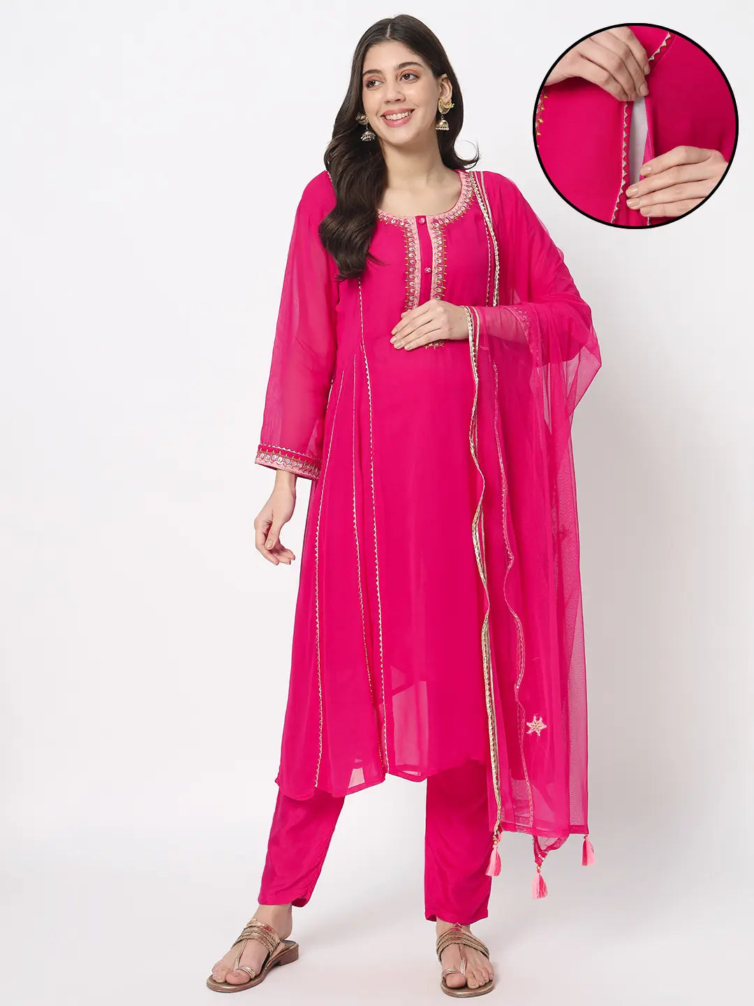 MUMZHUG Georgette Flaired Anarkali Kurta With Cotton Pant And Schiffon Dupatta For Maternity And Feeding Purpose mumzhug