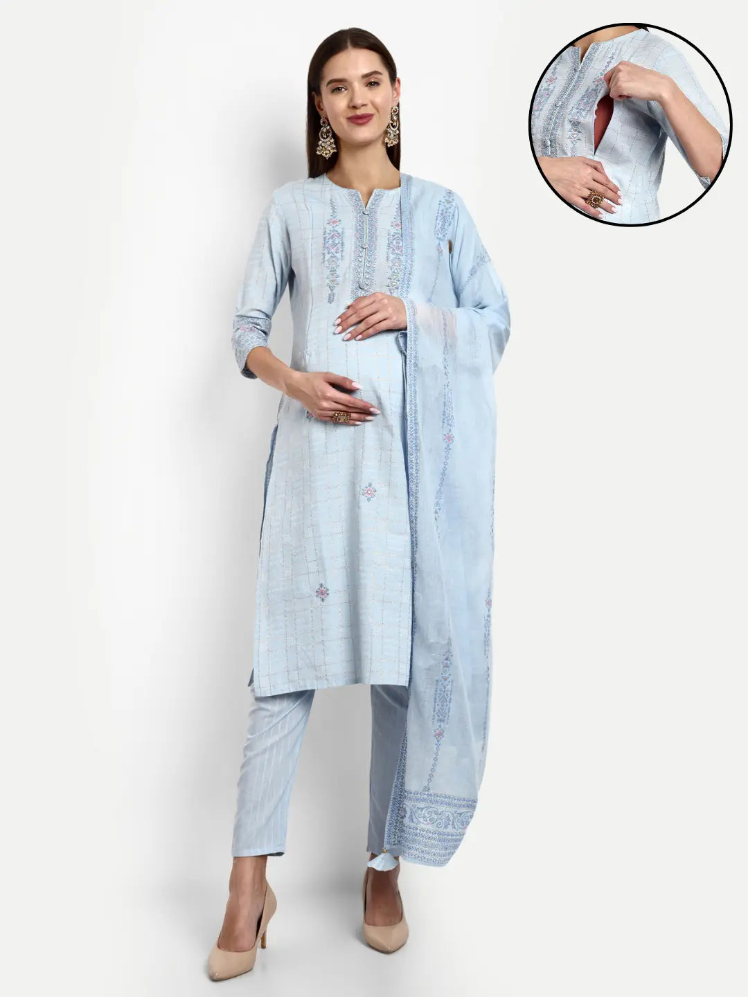 Cotton Lurex Embroided Kurta With Trouser And Dupatta For Feeding And Maternity mumzhug