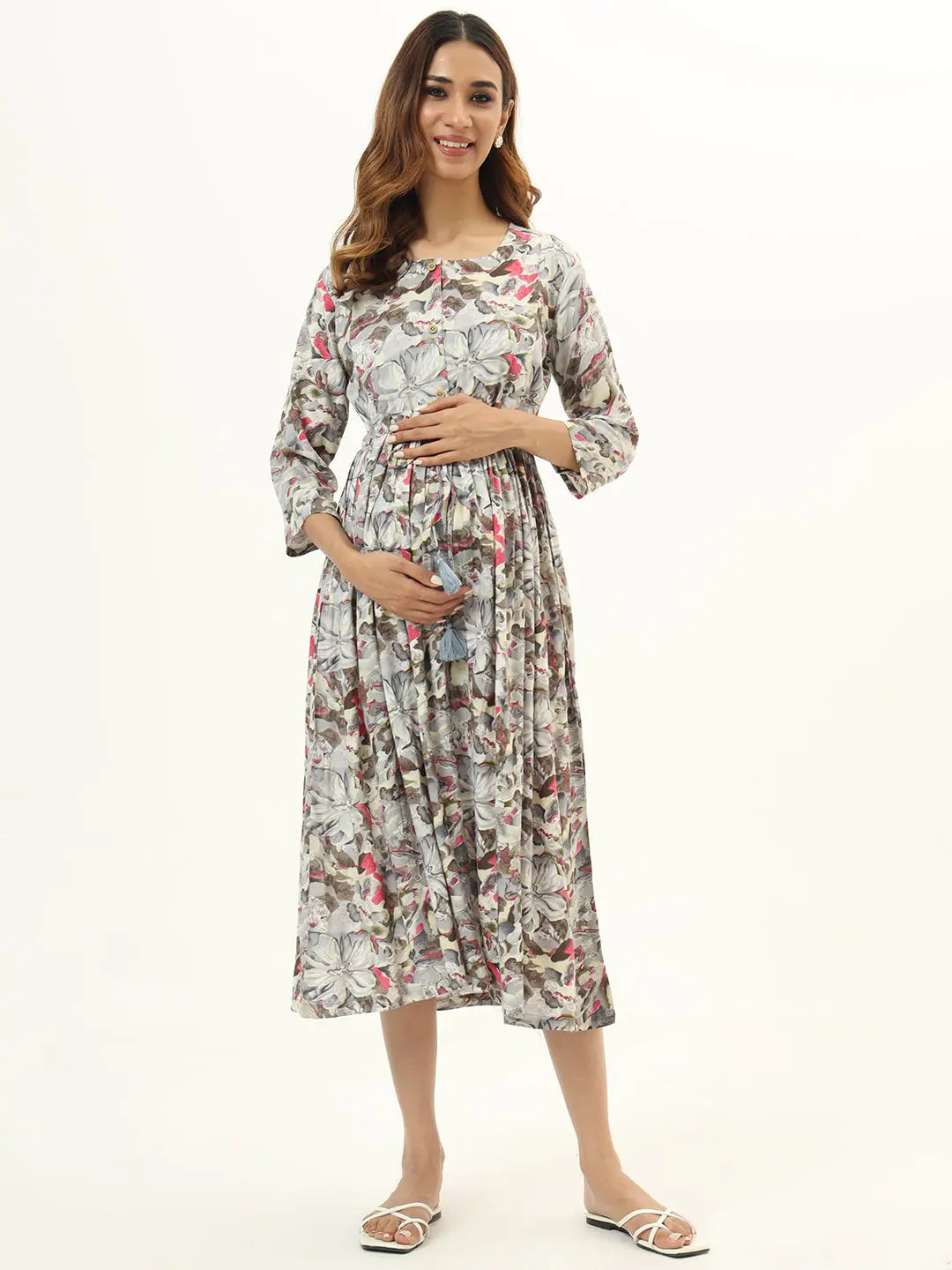 VISCOSE RAYON PRINTED GOWN WITH BOTH SIDED FEEDING ZIPPER mumzhug