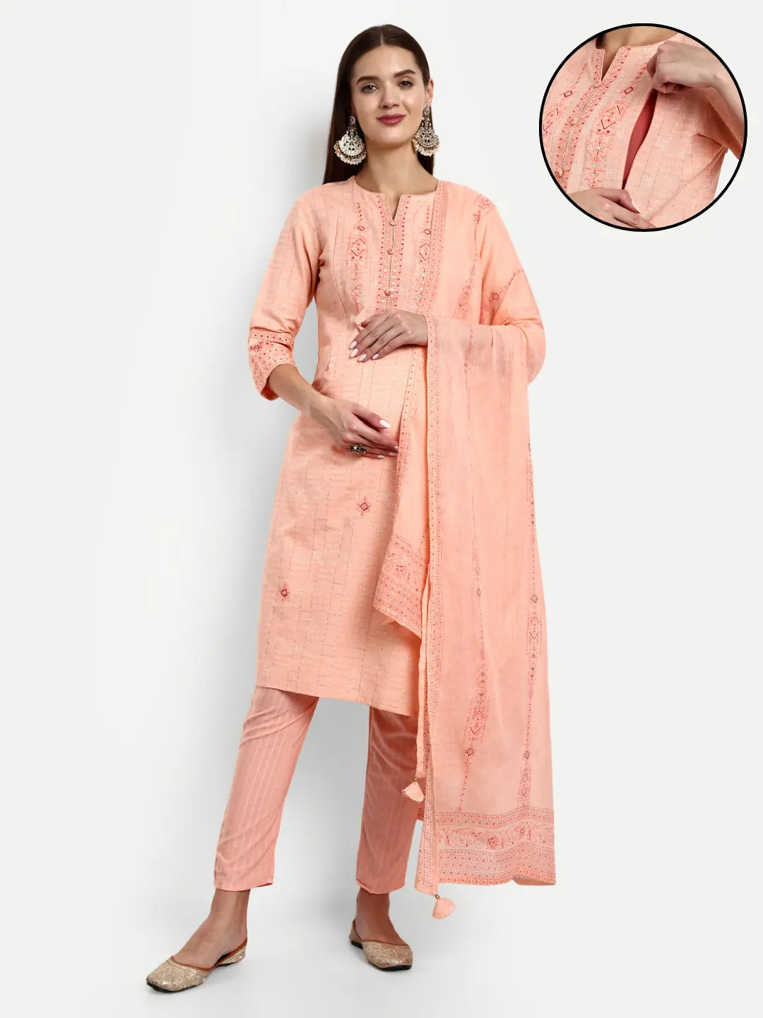 Cotton Lurex Embroided Kurta With Trouser And Dupatta For Feeding And Maternity mumzhug