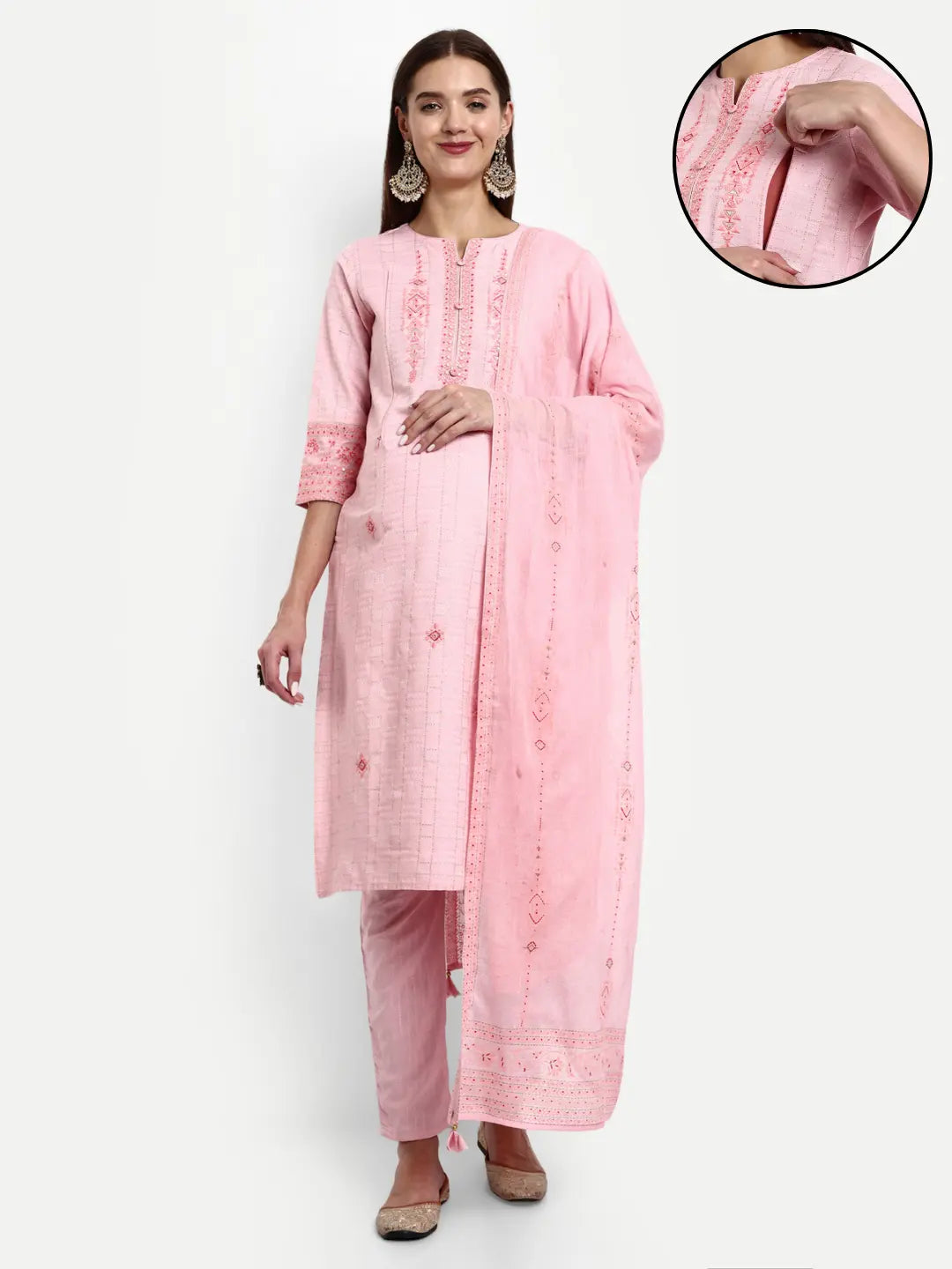 Cotton Lurex Embroided Kurta With Trouser And Dupatta For Feeding And Maternity mumzhug