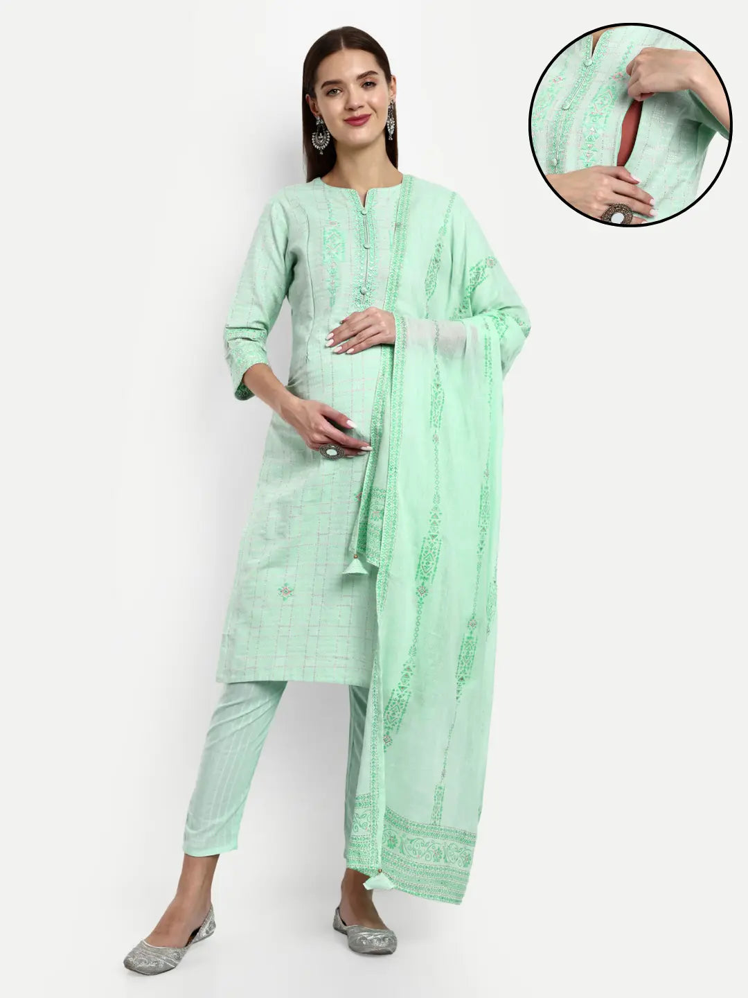 Cotton Lurex Embroided Kurta With Trouser And Dupatta For Feeding And Maternity mumzhug