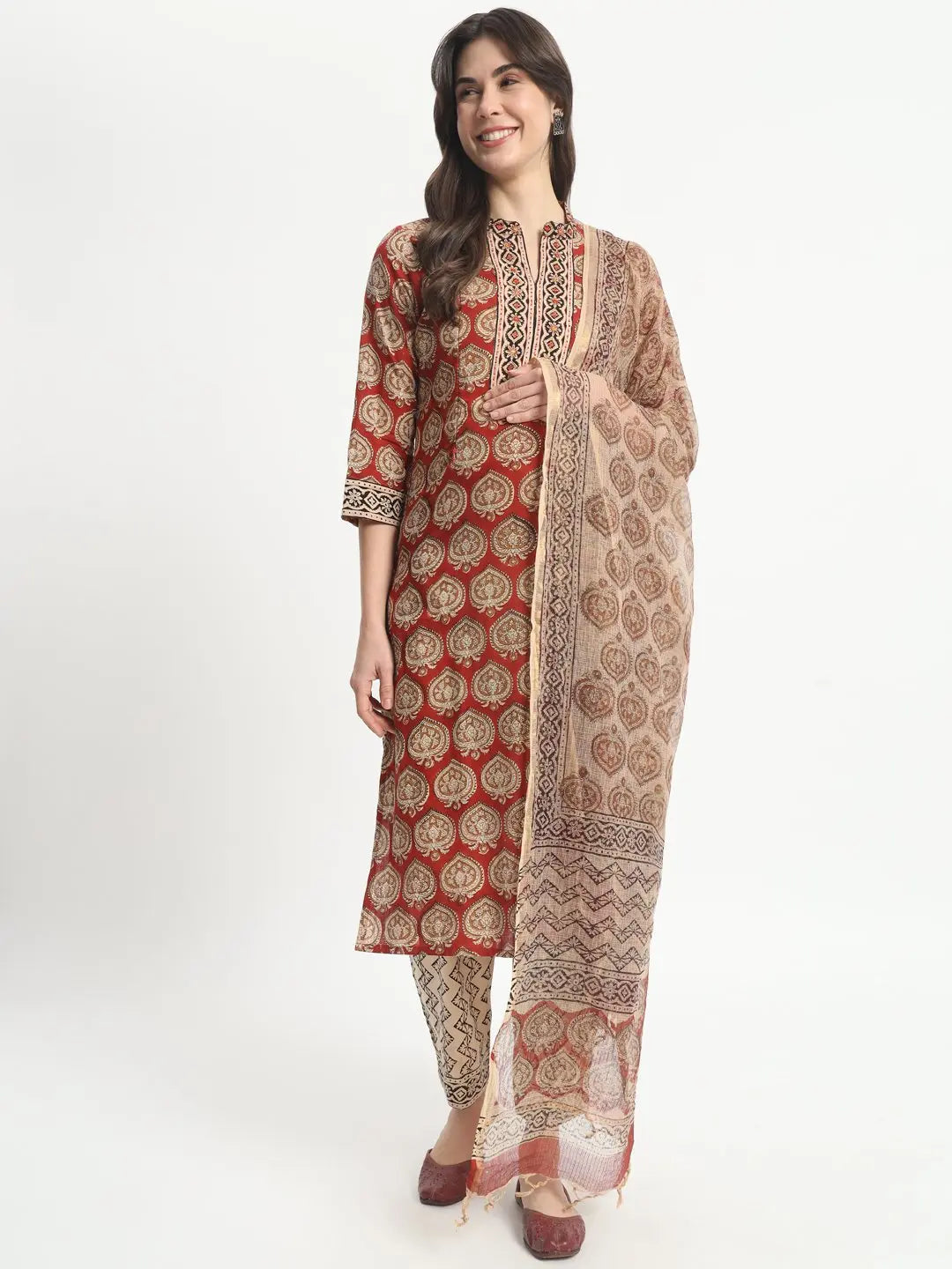 Mumz - 003 Red and Beige coloured handblock printed,feeding or nursing kurta set with pant and cotton duptta mumzhug