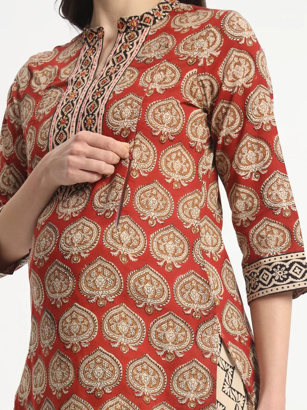 Mumz - 003 Red and Beige coloured handblock printed,feeding or nursing kurta set with pant and cotton duptta mumzhug