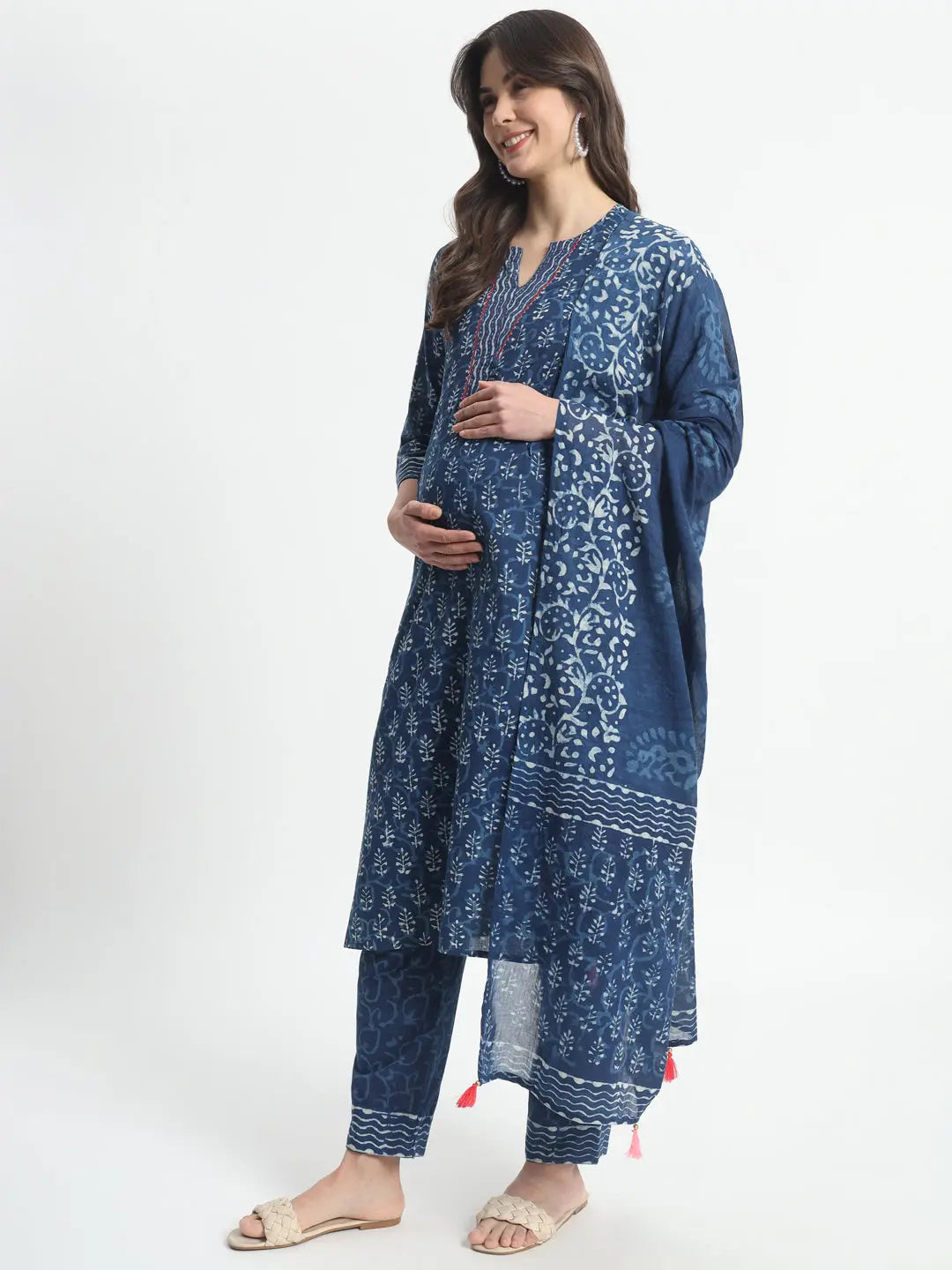 Cotton Hand Block Print Embroided Kurta Pant And Dupatta For Feeding And Maternity mumzhug