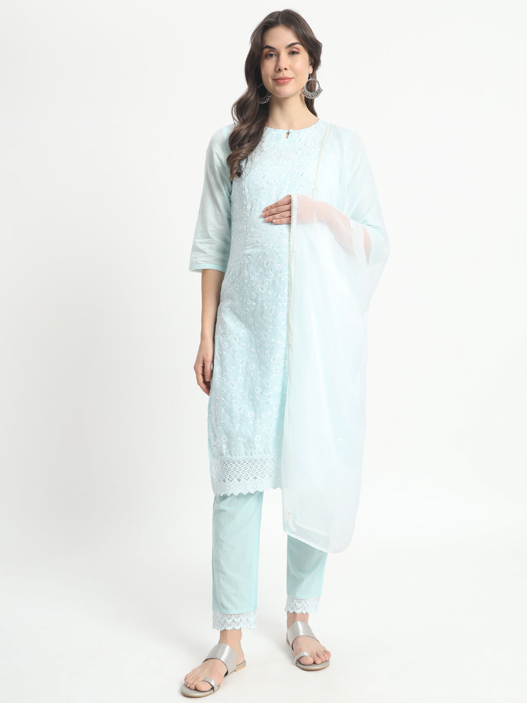 Pure Cotton Embroidered Kurta Pant and Dupatta for Feeding and Maternity Purpose