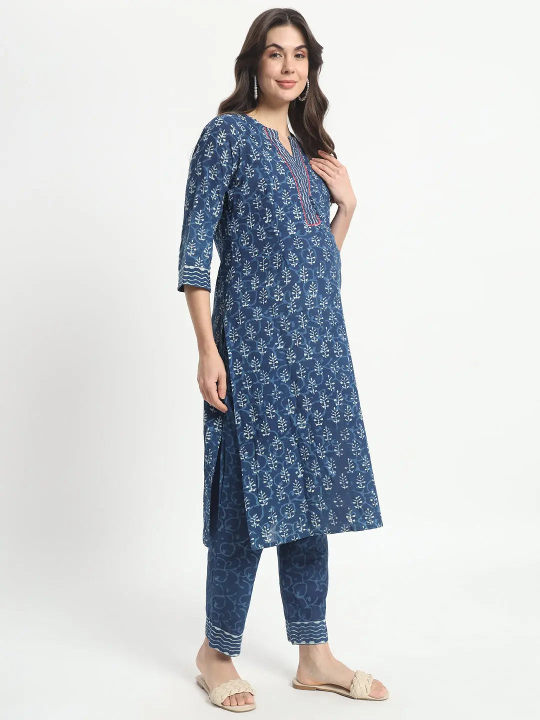 Cotton Hand Block Print Embroided Kurta Pant And Dupatta For Feeding And Maternity mumzhug