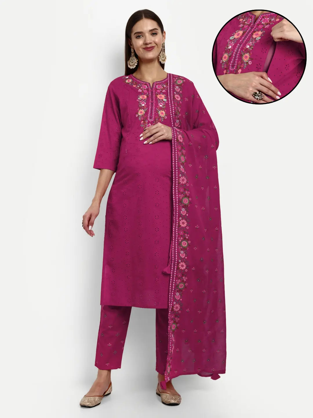 mumzhug Floral Embroidered Thread Work Pure Cotton Maternity Kurta with Trousers  Dupatta mumzhug