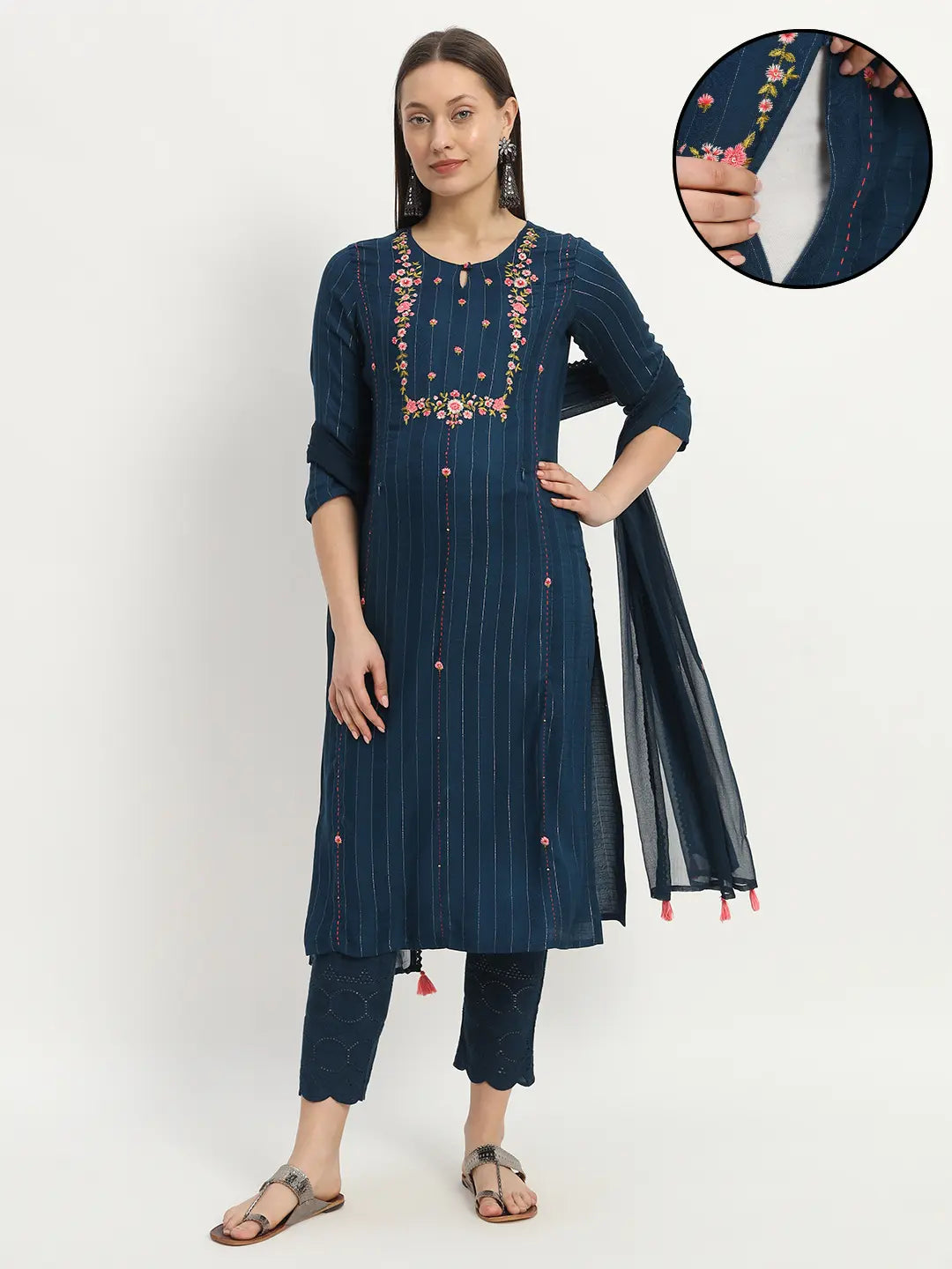 Viscose rayon yarn dyed embroidered kurta pant and dupatta set for maternity and feeding purpose  mumzhug 