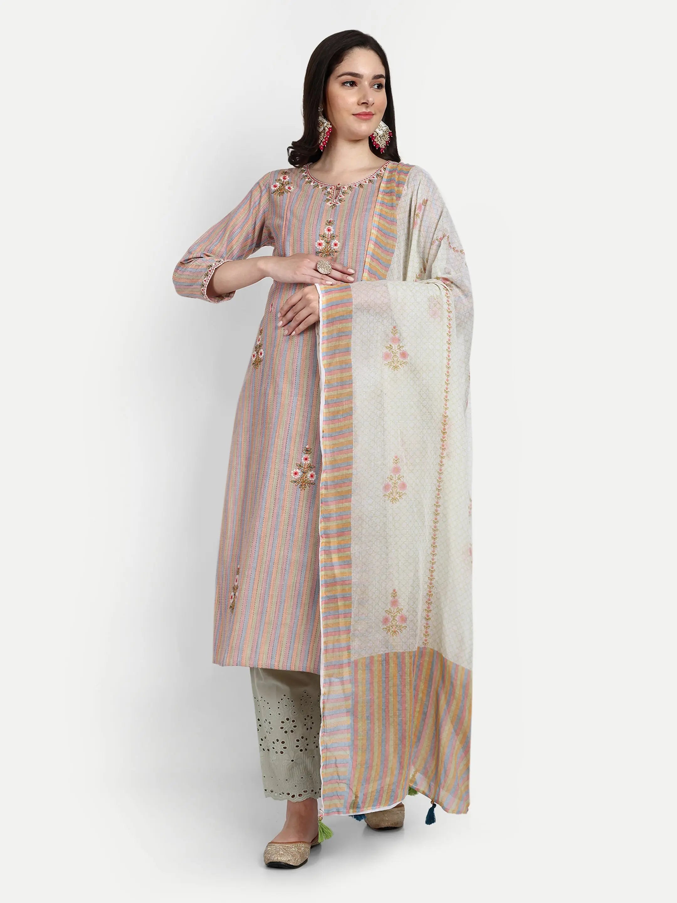 Cotton Striped Yarn Dyed Kurta With Dori And Sequin Embroidery With Schiffli Pallazo And Cotton Dupatta For Feeding And Maternity Purpose mumzhug