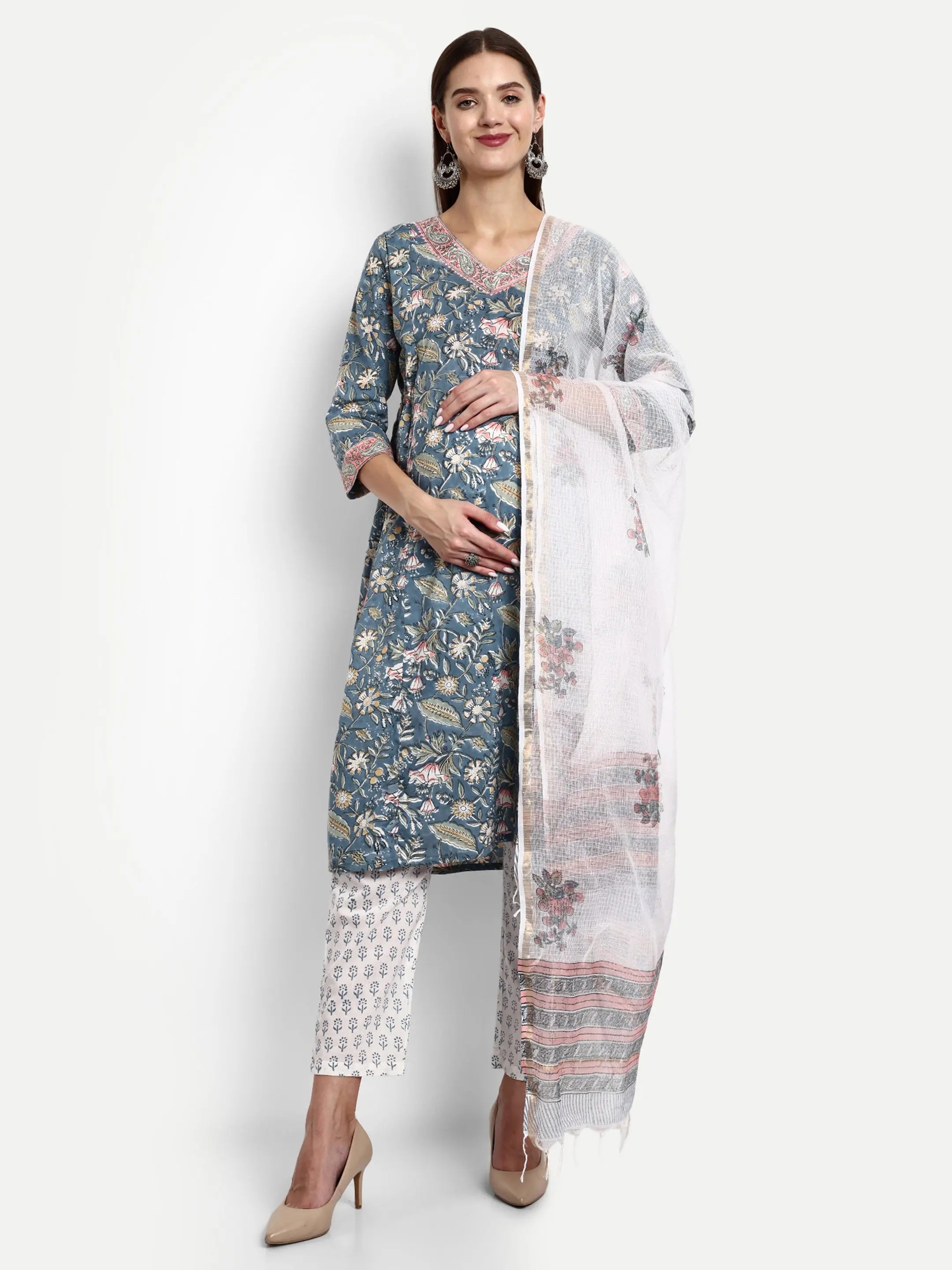 Cotton Hand Block Print Embroided Kurta Pant And Dupatta For Feeding And Maternity mumzhug