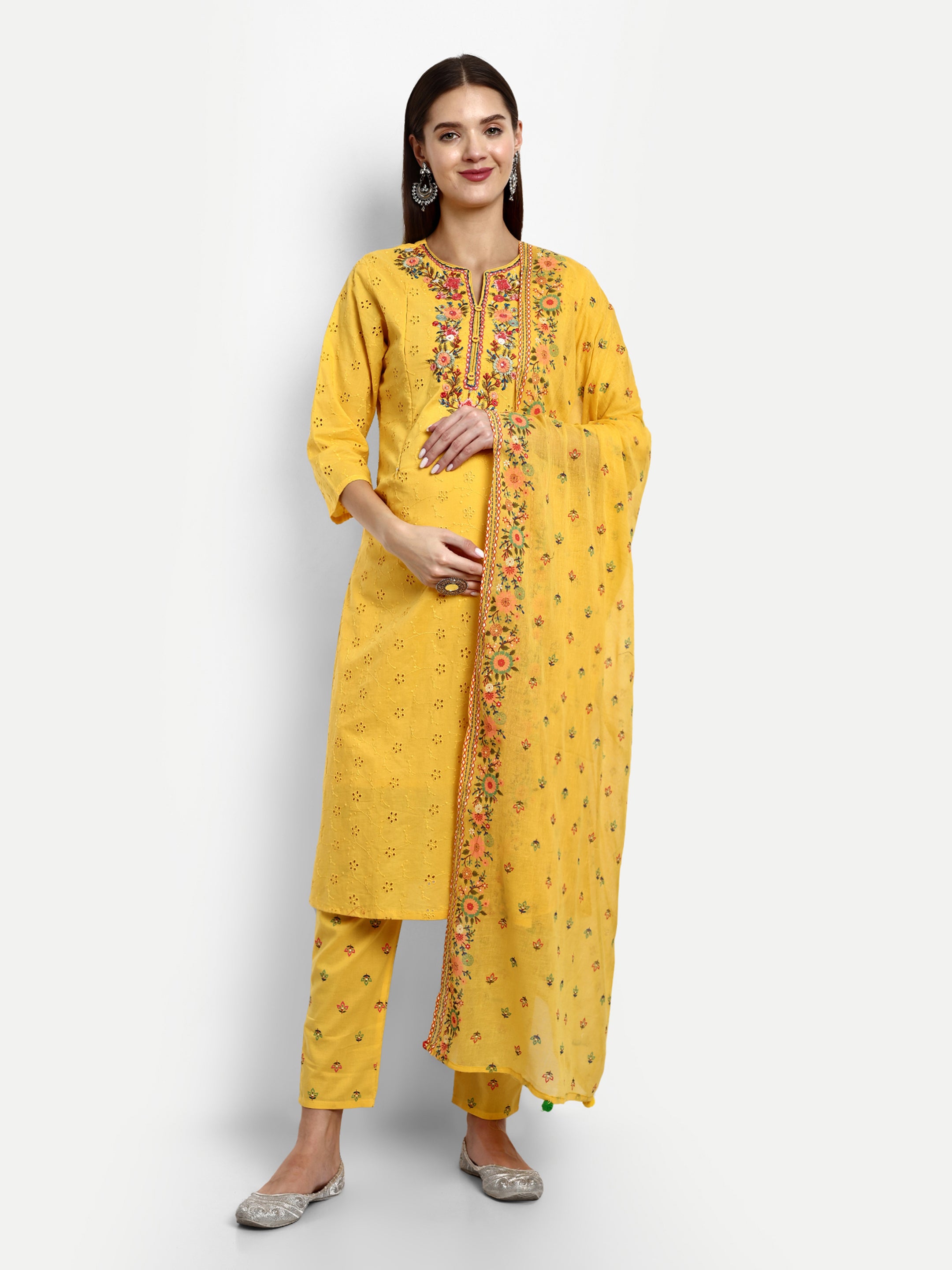Yellow Pure Cotton Schiffli Embroidered Kurta Pant and Dupatta Set for Feeding and Maternity Purpose