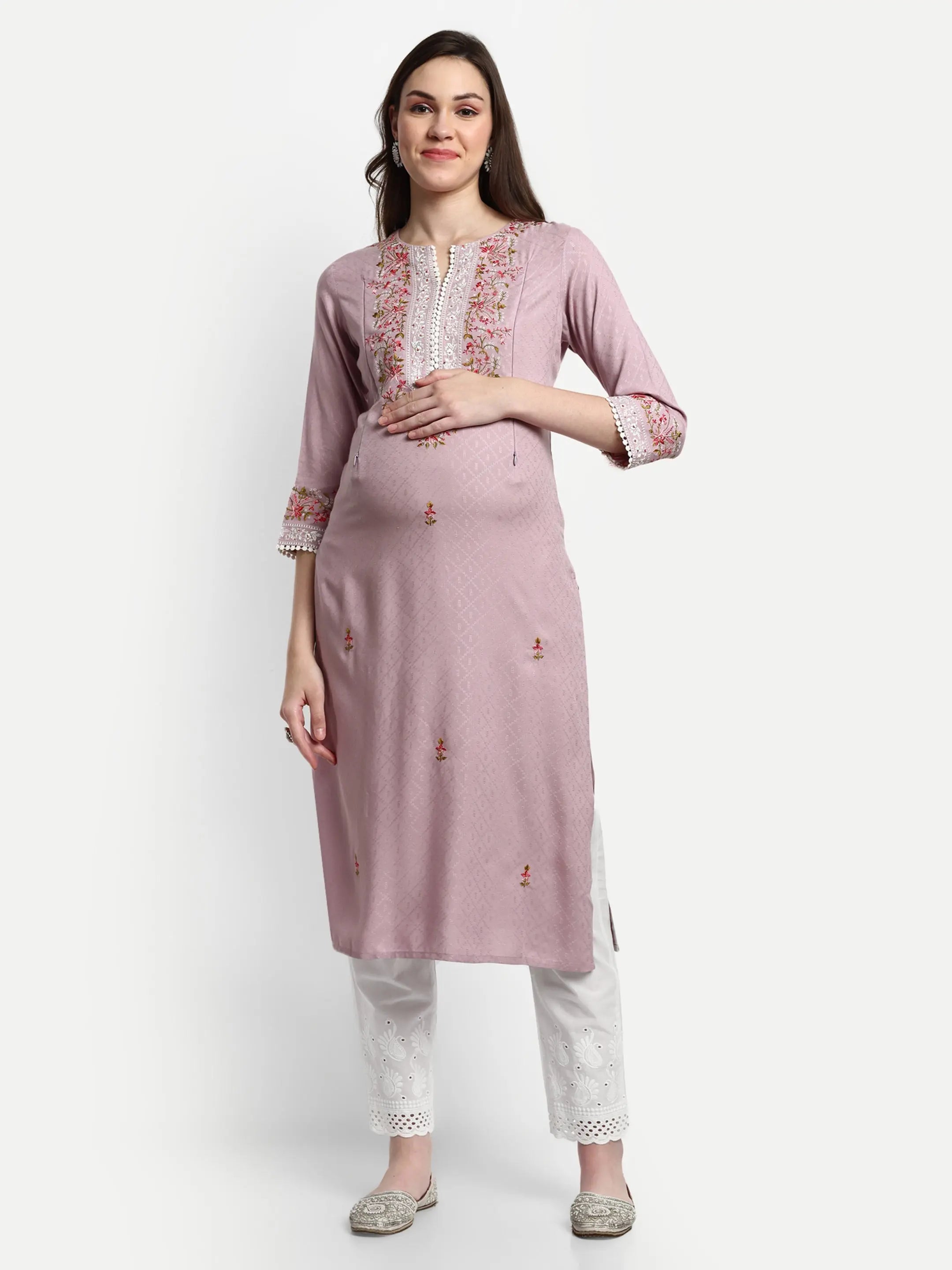 Soft viscose rayon embroidered kurta with schiffli pant and chiffon dupatta for maternity and feeding purpose mumzhug