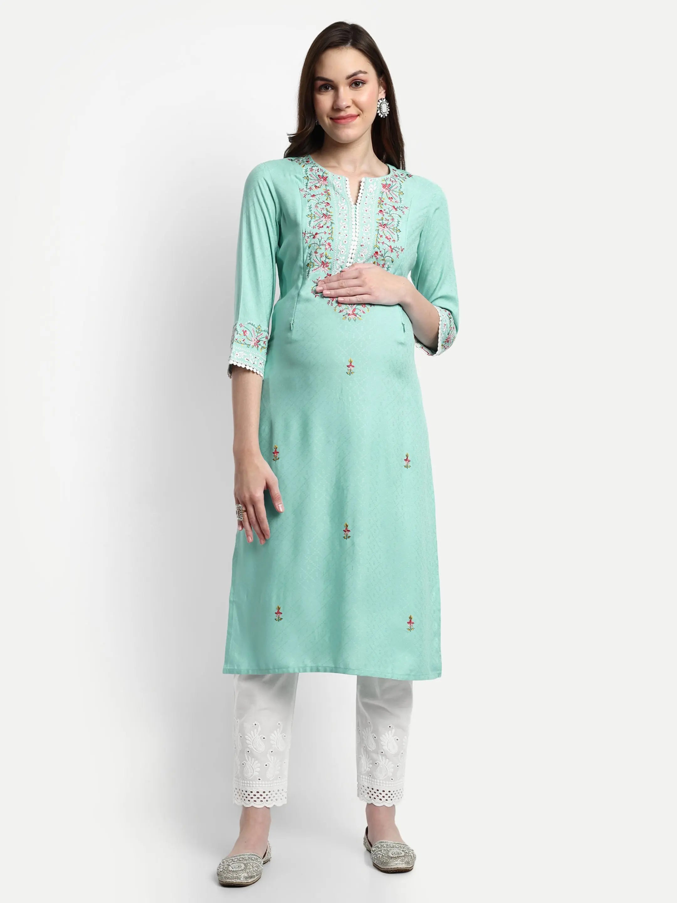 Soft rayon embroidered kurta pant chiffon dupatta set for maternity and feeding purpose mumzhug