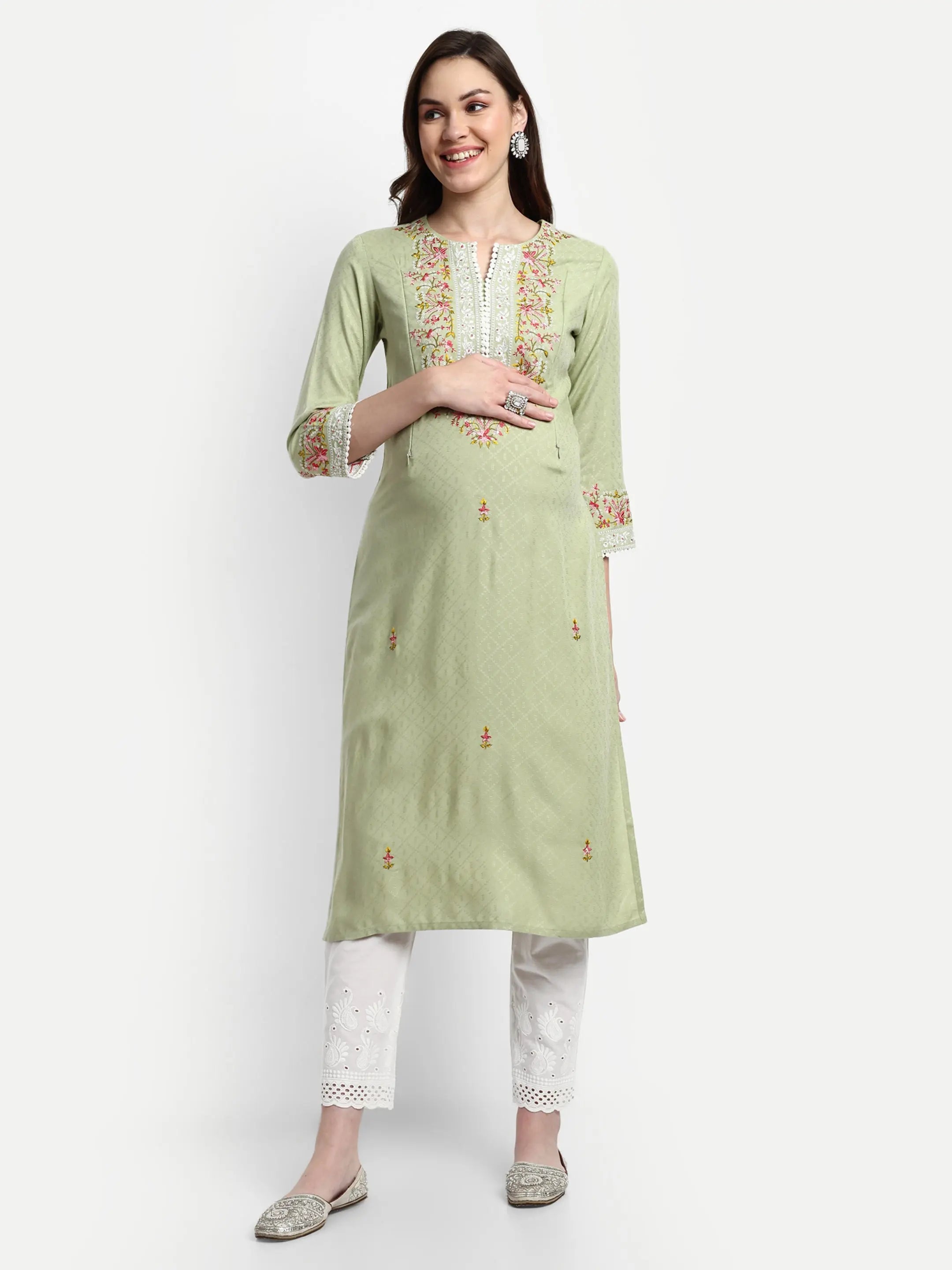 Soft rayon embroidered kurta pant chiffon dupatta set for maternity and feeding purpose mumzhug