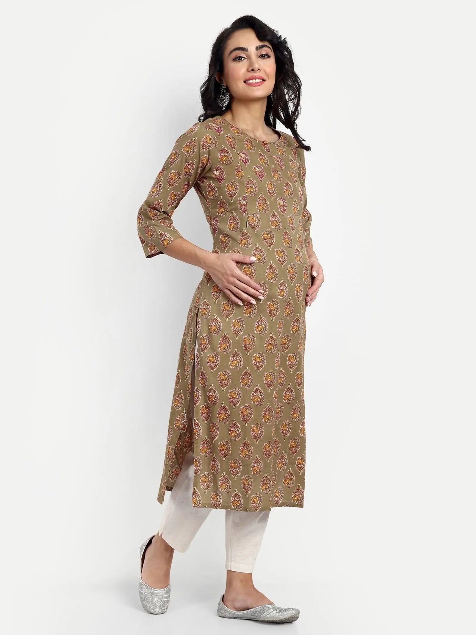 OLIVE GREEN COLOUR COTTON LUREX STRAIGHT KURTA FEEDING OR NURSING KURTA WITH EMBROIDERY mumzhug