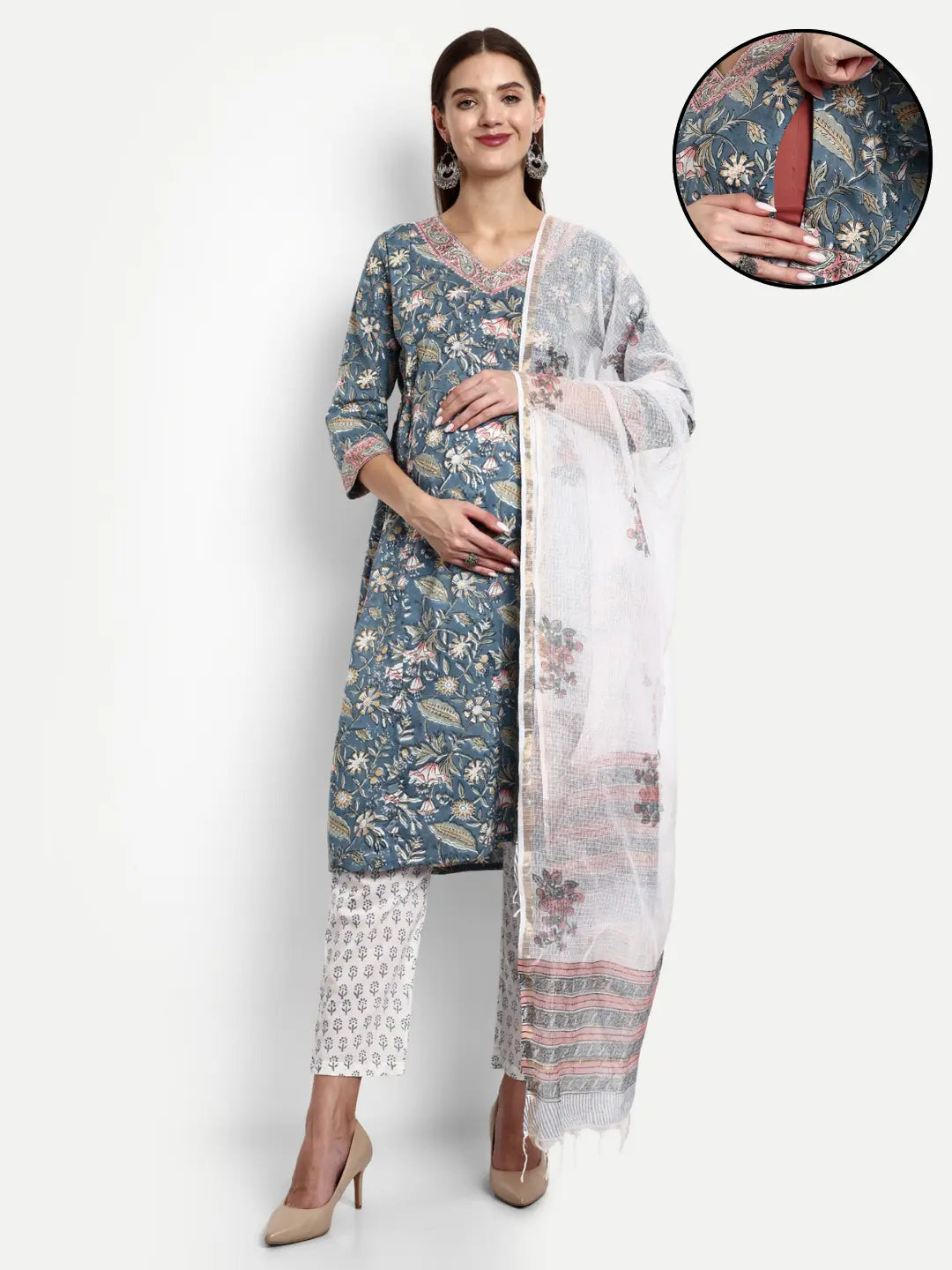 Cotton Hand Block Print Embroided Kurta Pant And Dupatta For Feeding And Maternity mumzhug