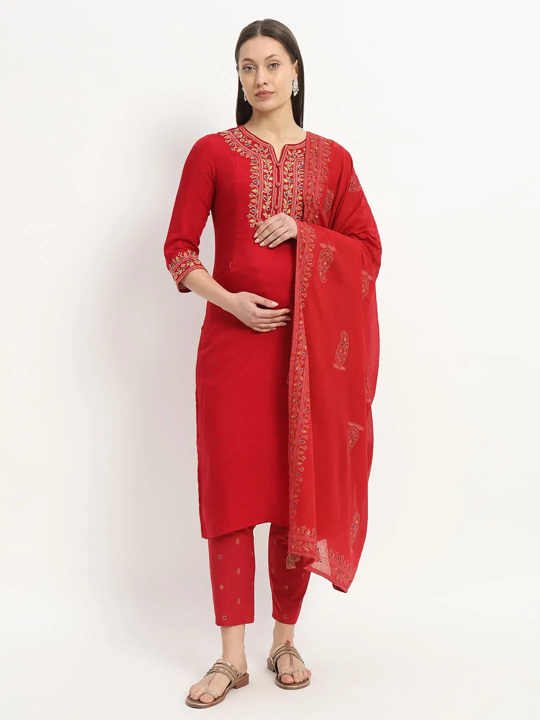 Soft modal silk embroidered kurta pant and dupatta set for maternity and feeding purpose mumzhug