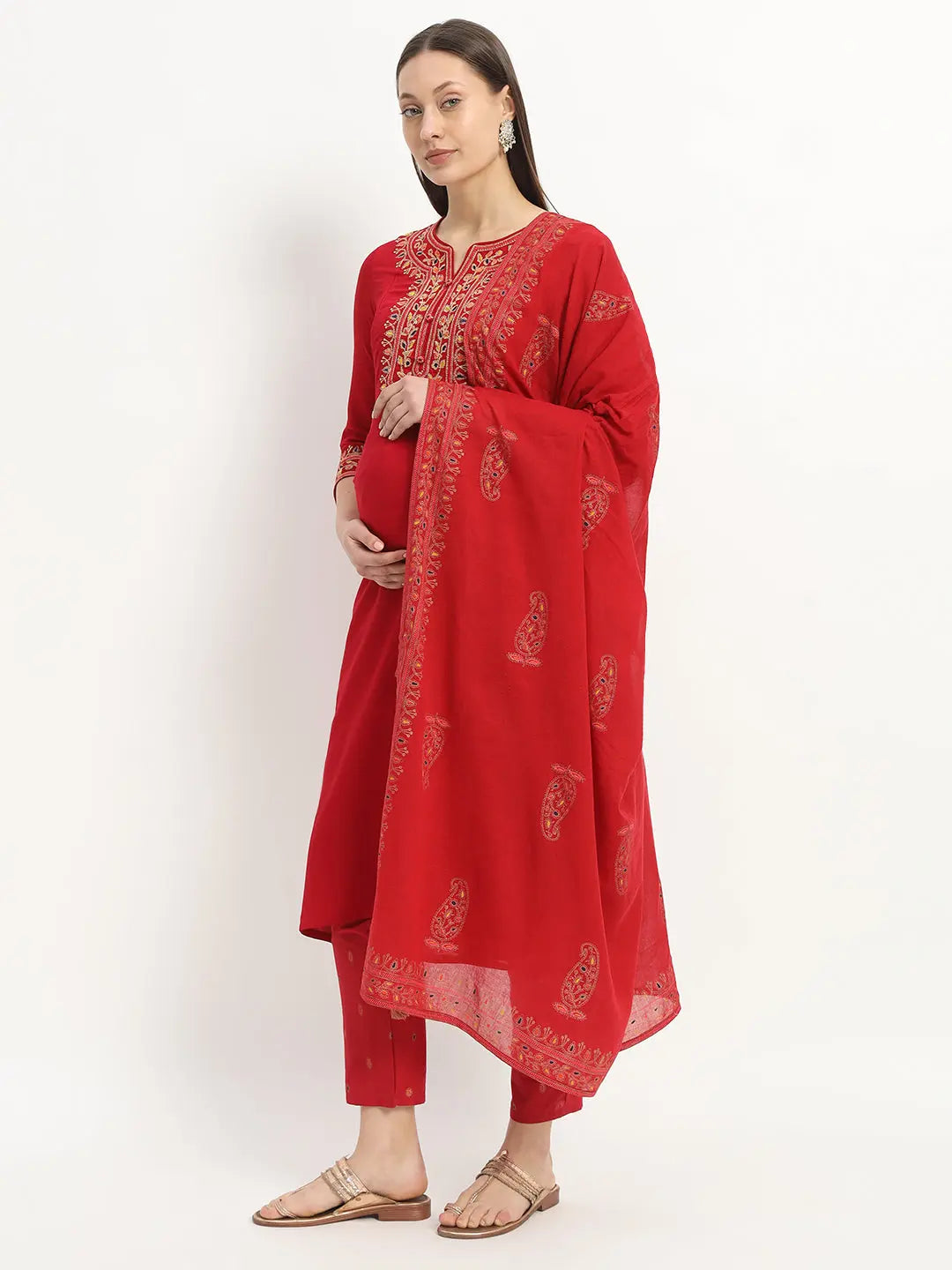 MUMZHUG Embroided  Straight Kurta & Rayon Pant & Malmal Dupatta For Maternity & Feeding Purpose mumzhug