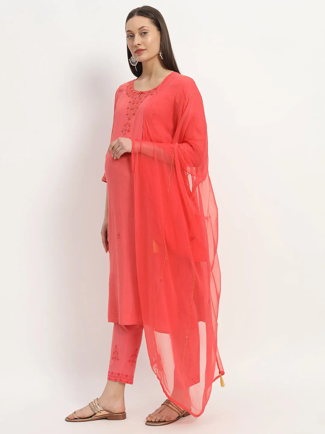 VISSCOSE SOFT YARN DYED RAYON EMBROIDERED KURTA PANT AND DUPATTA SET FOR FEEDING AND MATERNITY PURPOSE mumzhug