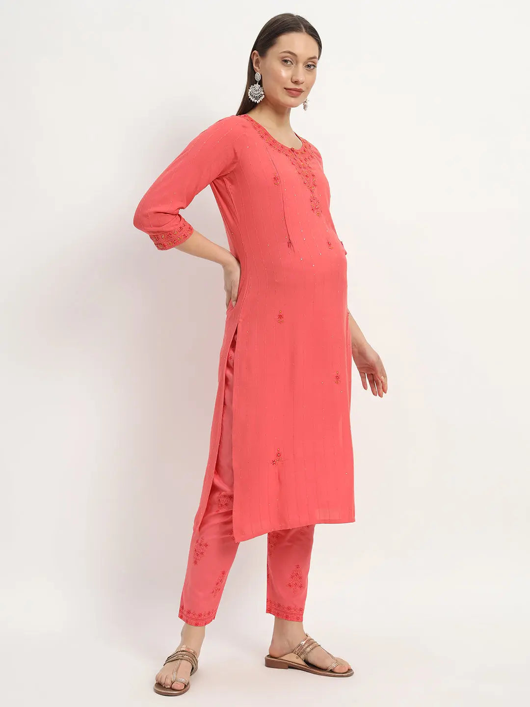 VISSCOSE SOFT YARN DYED RAYON EMBROIDERED KURTA PANT AND DUPATTA SET FOR FEEDING AND MATERNITY PURPOSE mumzhug