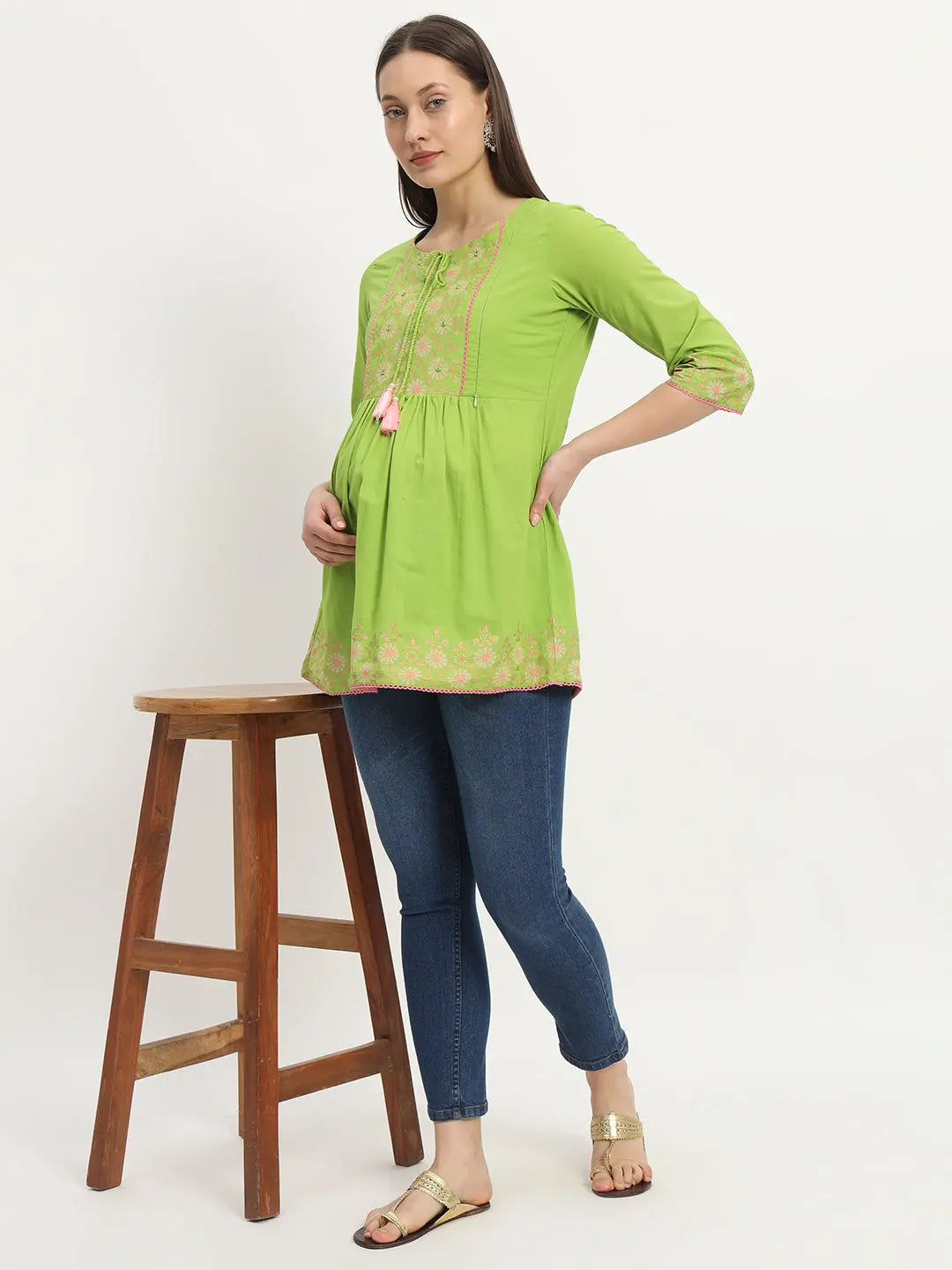 Cotton Embroided Flared Kurta For Feeding And Maternity Purpose mumzhug