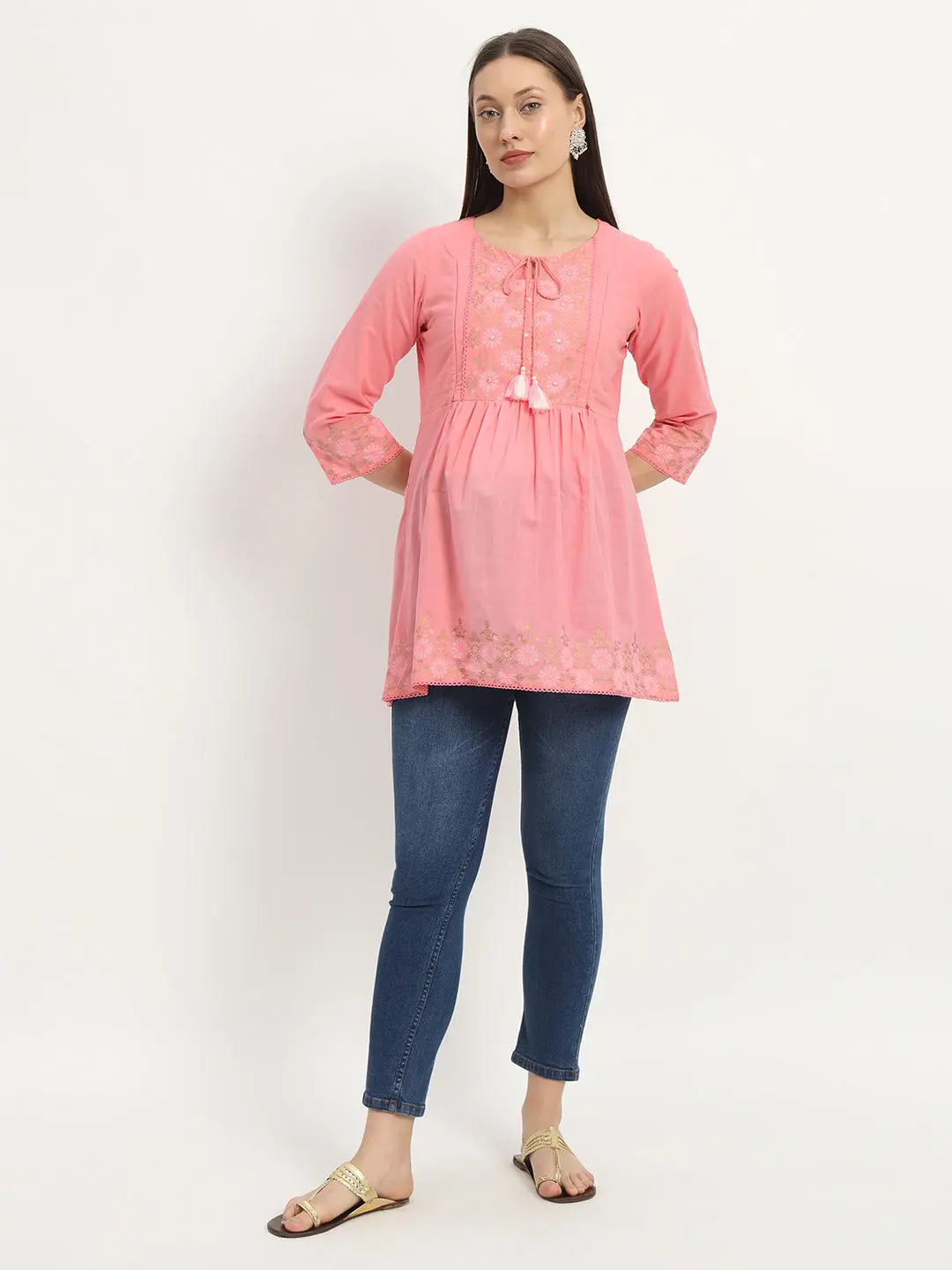 Cotton Embroided Flared Kurta For Feeding And Maternity Purpose mumzhug