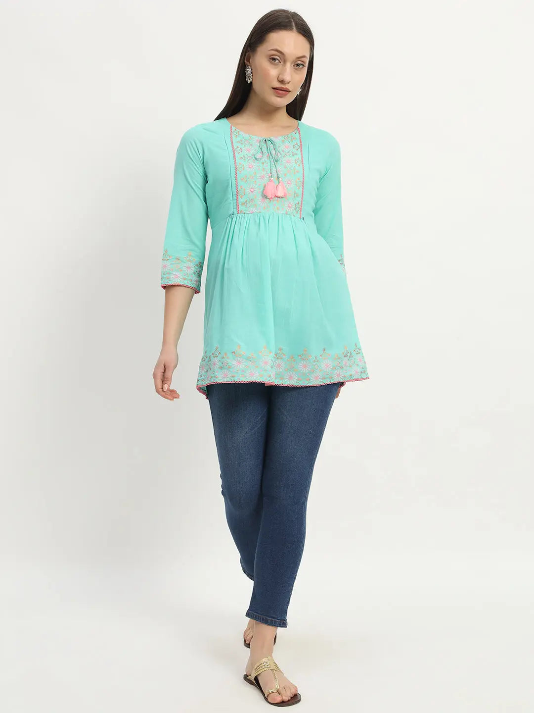 Cotton Embroided Flared Kurta For Feeding And Maternity Purpose mumzhug