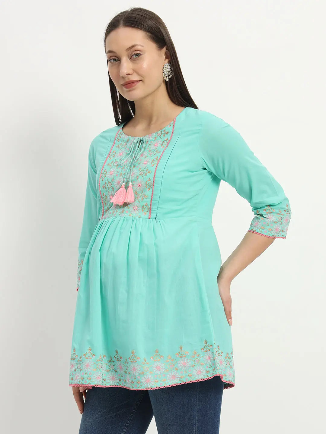 Cotton Embroided Flared Kurta For Feeding And Maternity Purpose mumzhug