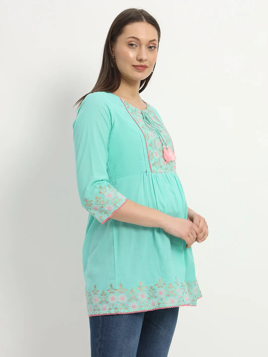 Cotton Embroided Flared Kurta For Feeding And Maternity Purpose mumzhug