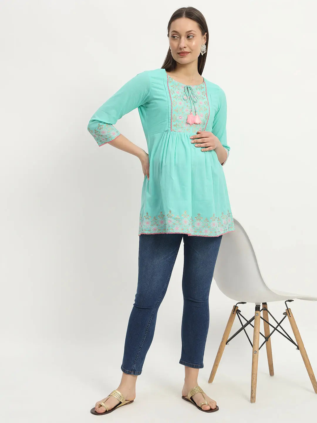 Cotton Embroided Flared Kurta For Feeding And Maternity Purpose mumzhug