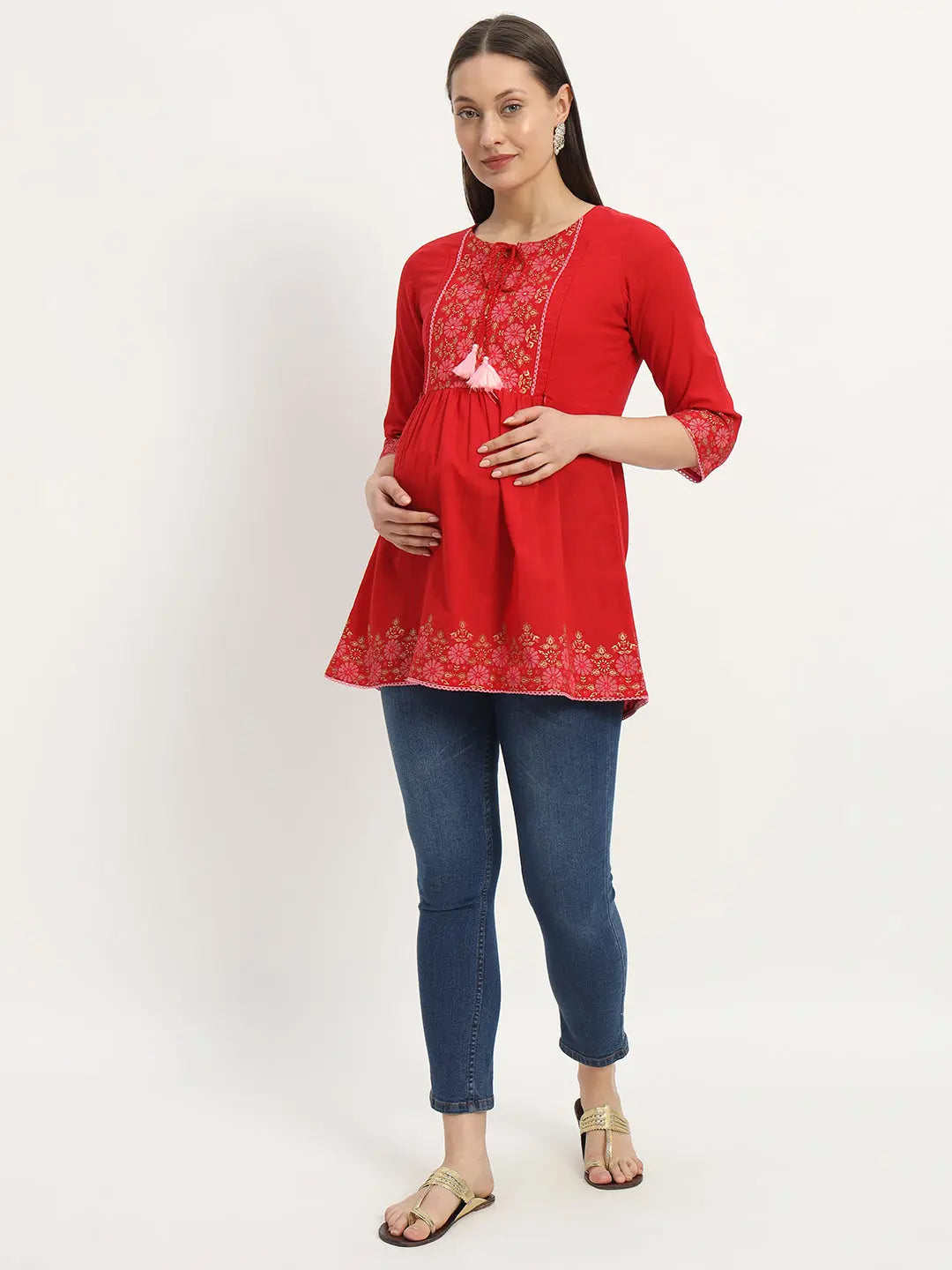 Cotton Embroided Flared Kurta For Feeding And Maternity Purpose mumzhug