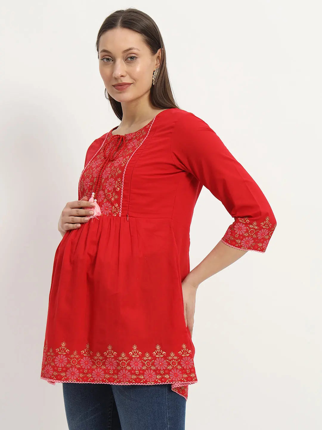 Cotton Embroided Flared Kurta For Feeding And Maternity Purpose mumzhug