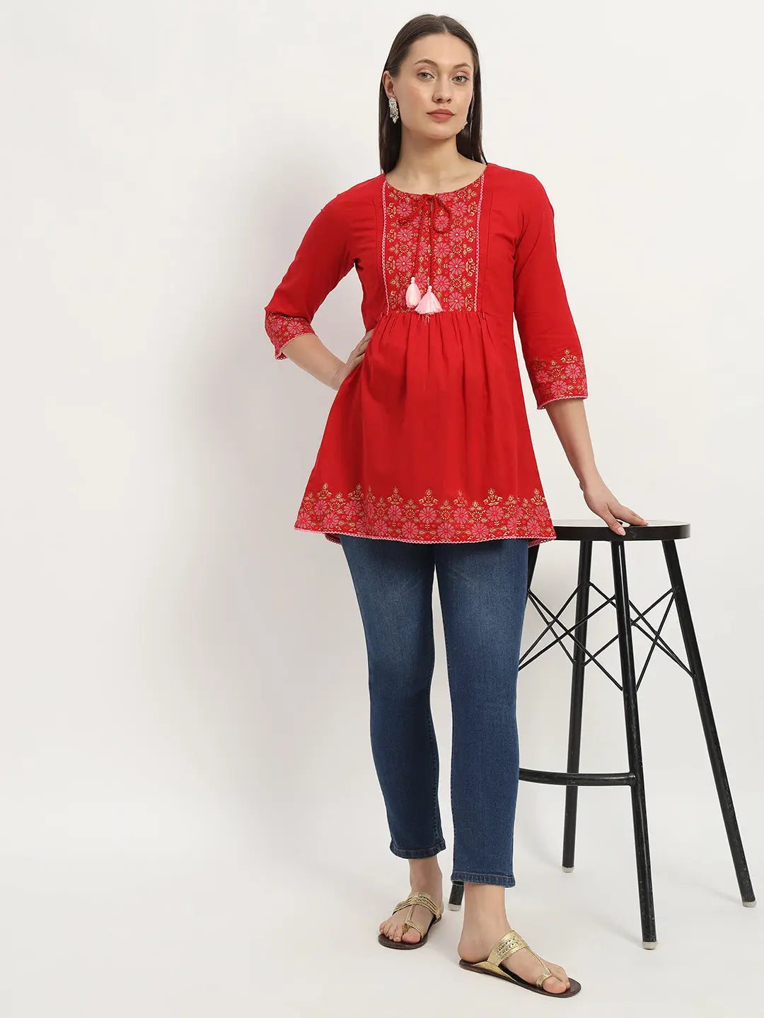 Cotton Embroided Flared Kurta For Feeding And Maternity Purpose mumzhug